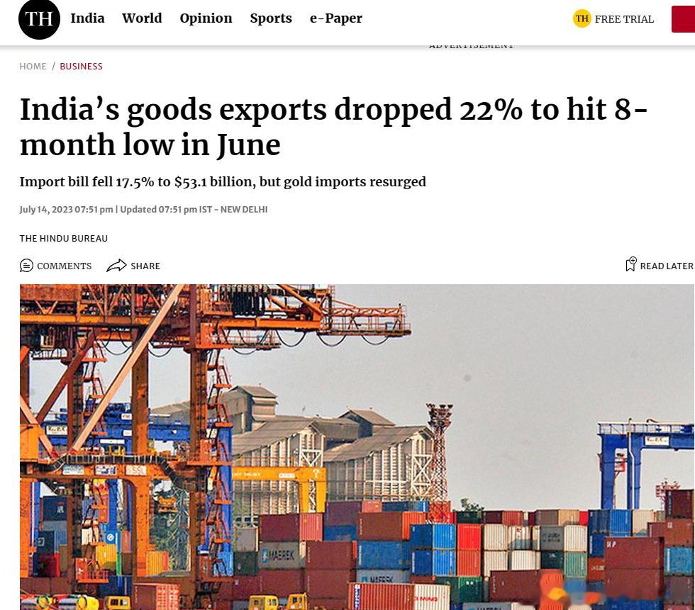 印度6月商品出口下降22%，创8个月新低进口费用下降 17.5% 至 531 亿