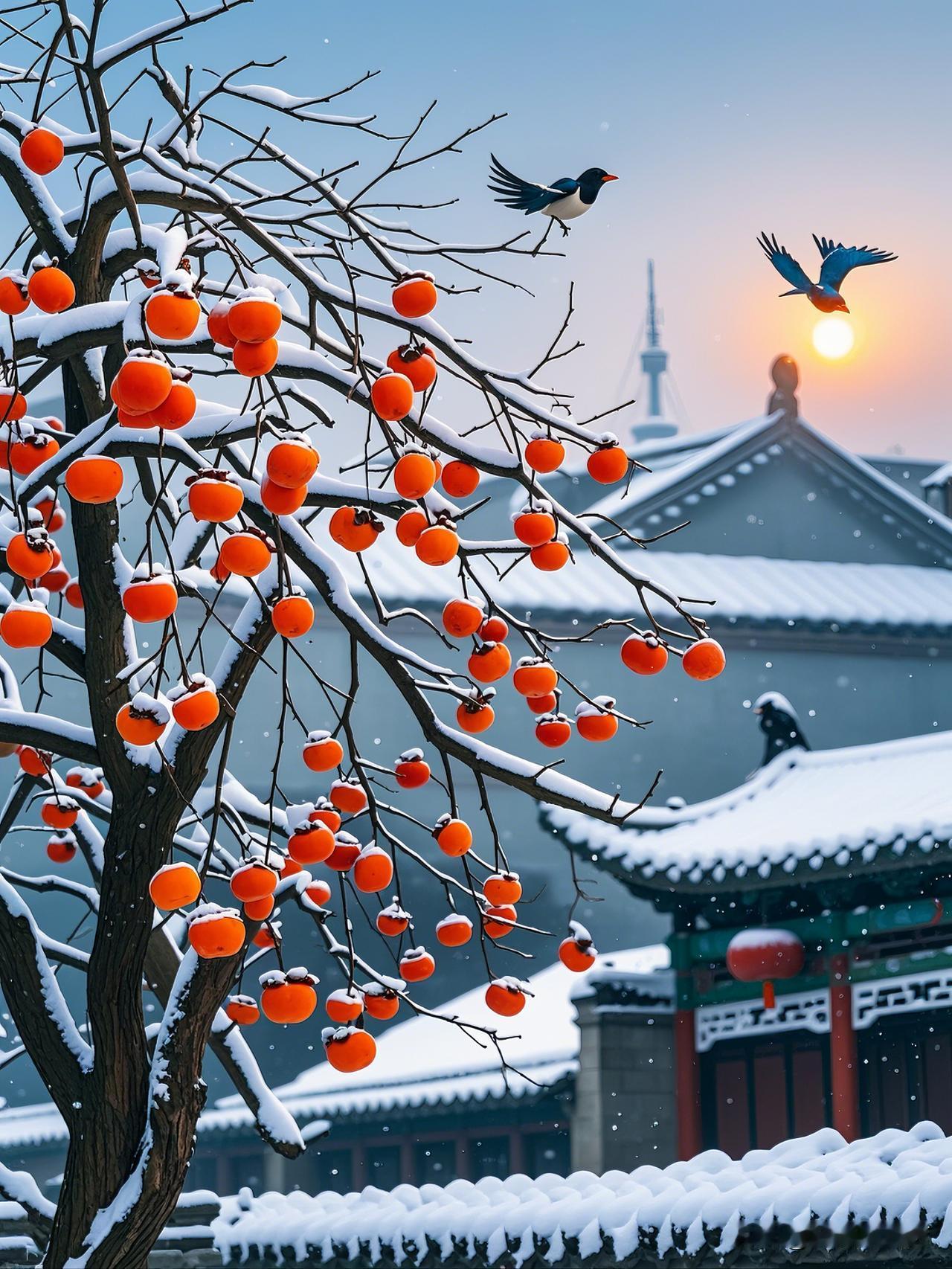  #精美绝伦喜鹊美图#
挂着红色的柿子，柿子覆盖着白雪