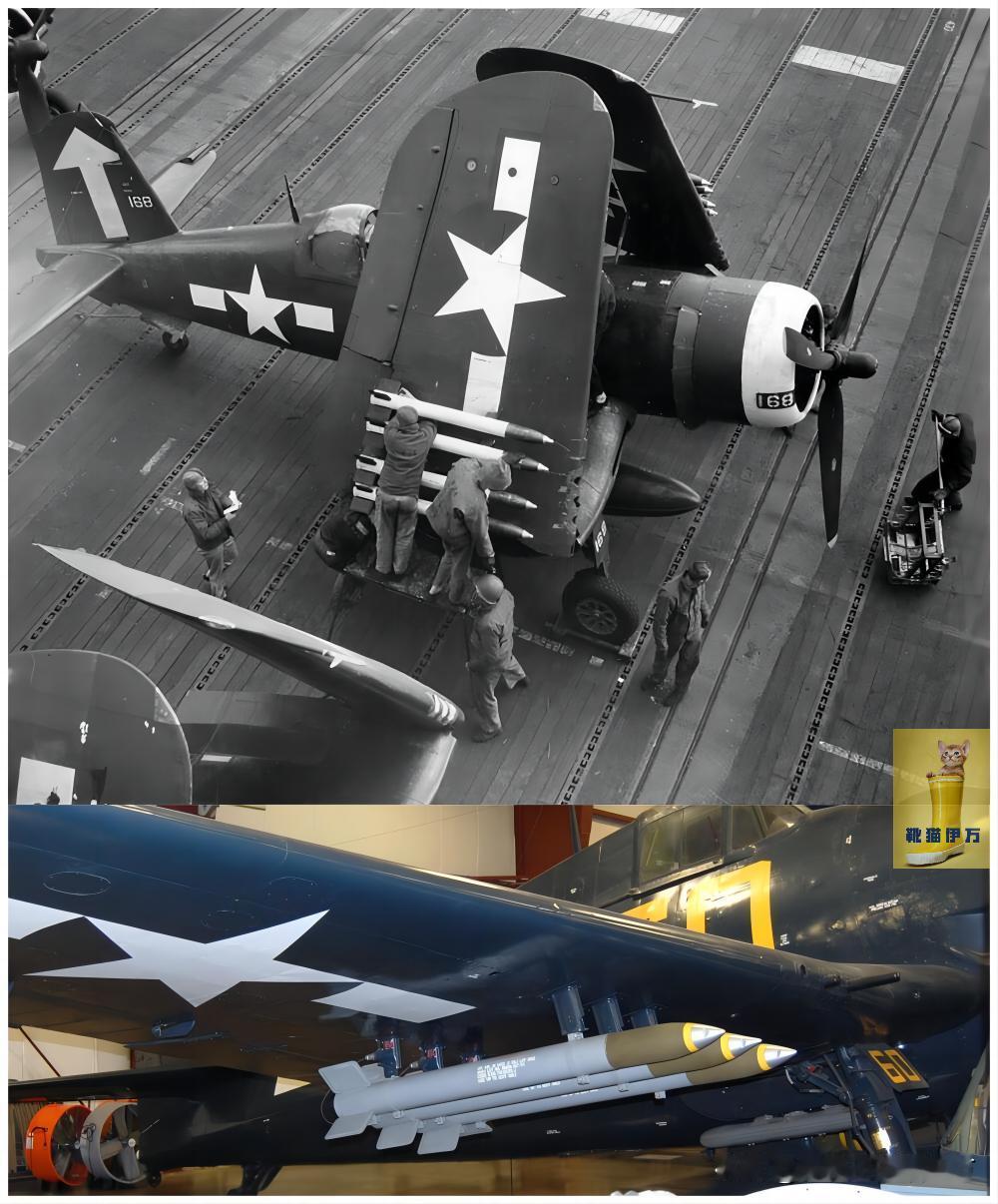 1945年4月20日，美国海军邦克山号航空母舰（CV 17）的飞行甲板上，军械员