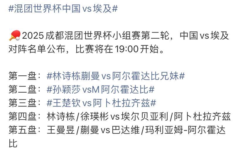 2025成都国际乒联混合团体世界杯中国对战埃及布阵来了，孙颖莎和王楚钦不混双了，