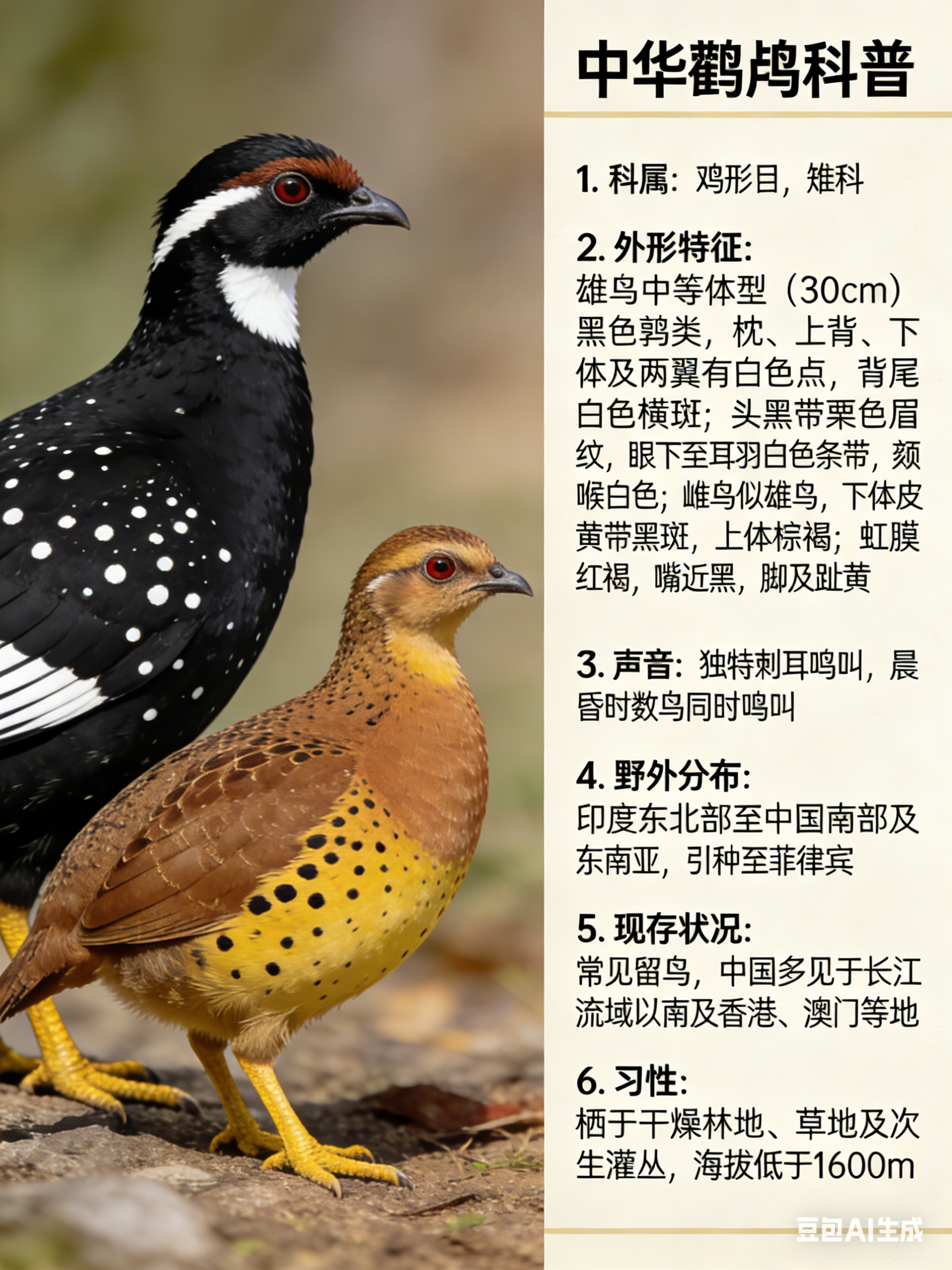 鸟类朋友图鉴 中华鹧鸪·科属：鸡形目，雉科。·外形特征：雄鸟为中等体型（30cm