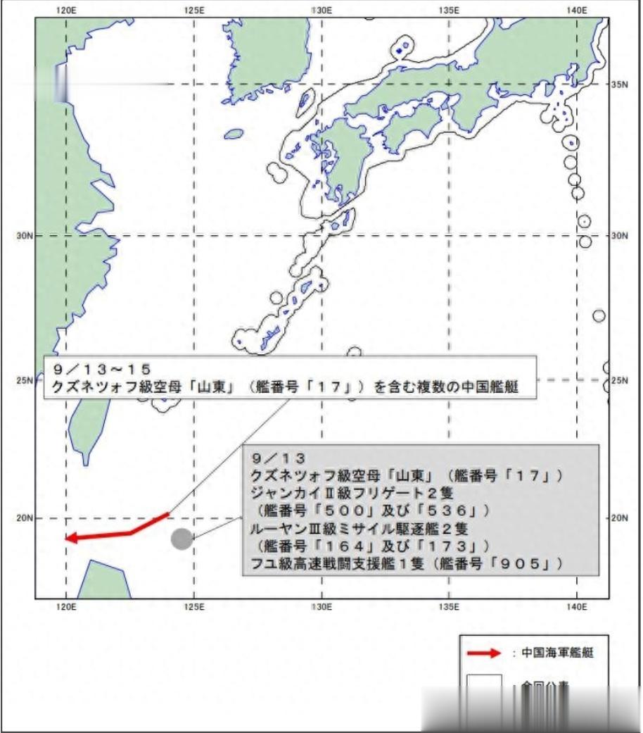 日本防卫省统合幕僚监部发布消息称，9月13日至14日确认到了包含山东号航空母舰在