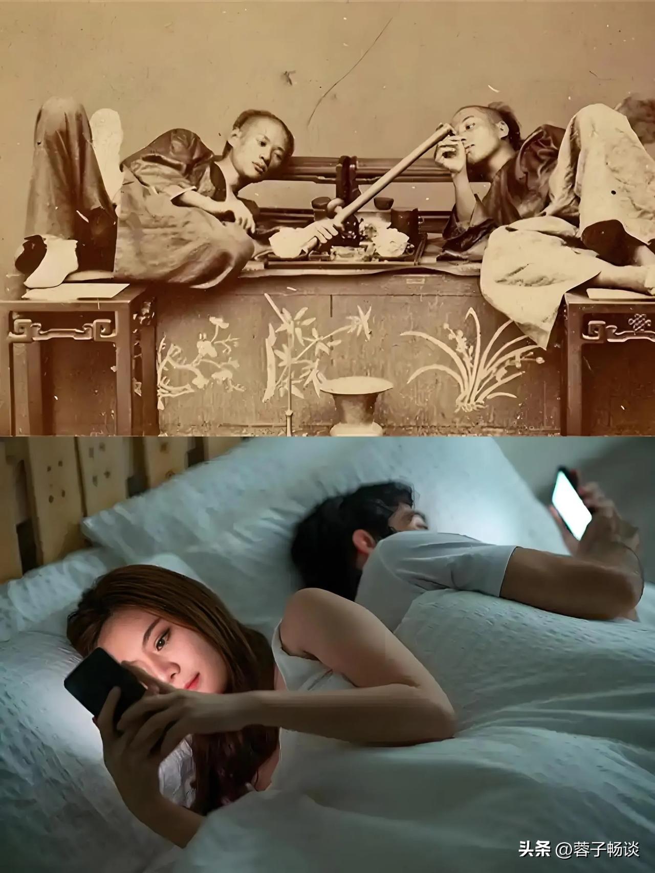 历史总是惊人的相似，主打一个“历史的押韵”。百年前的烟枪换成了如今的手机，姿势却