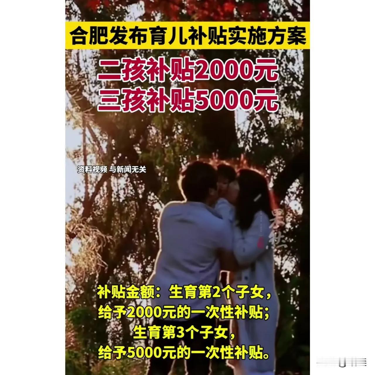 合肥的育儿补贴真让人忍俊不禁：二孩一次补贴两千，三孩一次补贴五千。
别说教育阶段