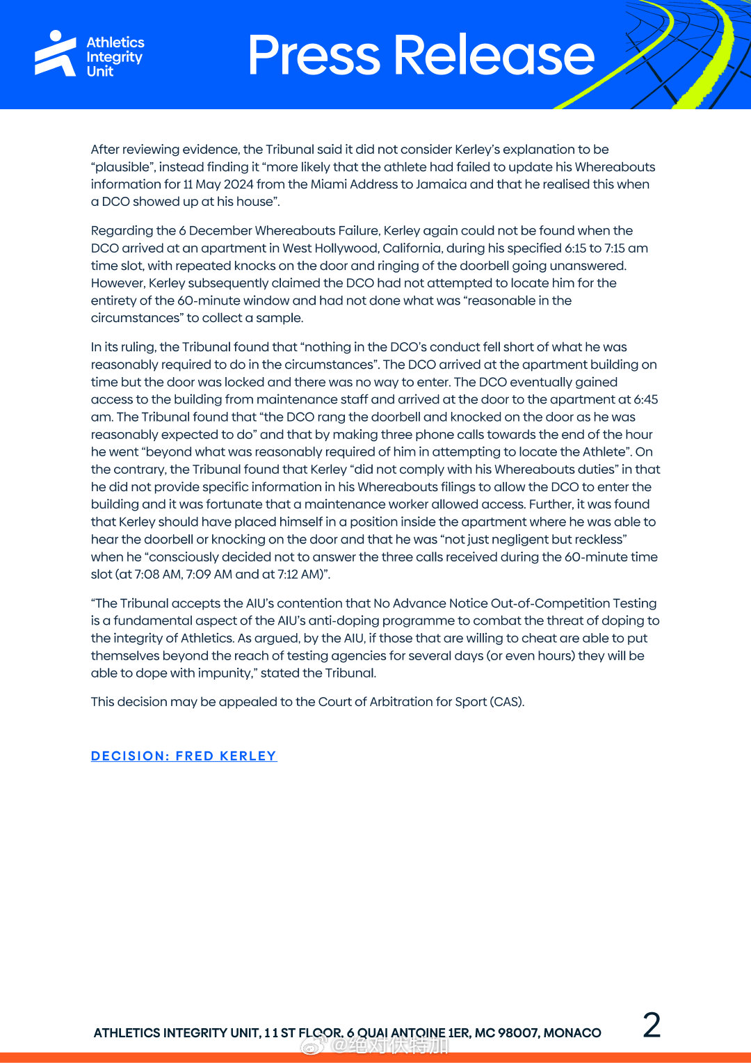 已经宣布参加增强运动会的美国短跑精英 Fred Kerley 克利被世界田径诚信