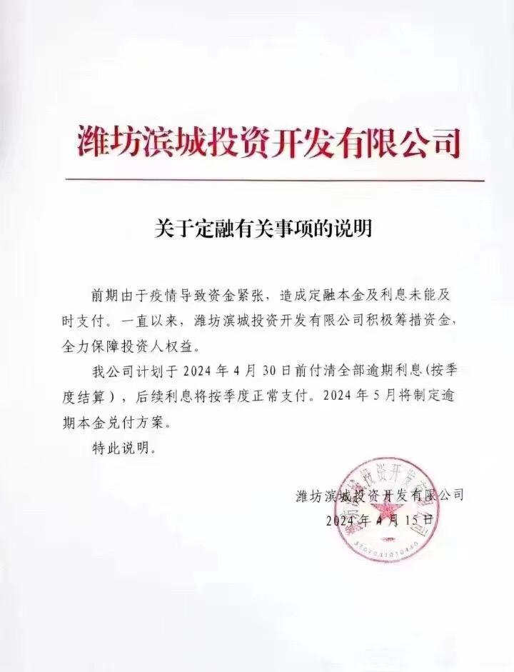 潍坊滨城投资开发有限公司定融逾期兑付公告#定融