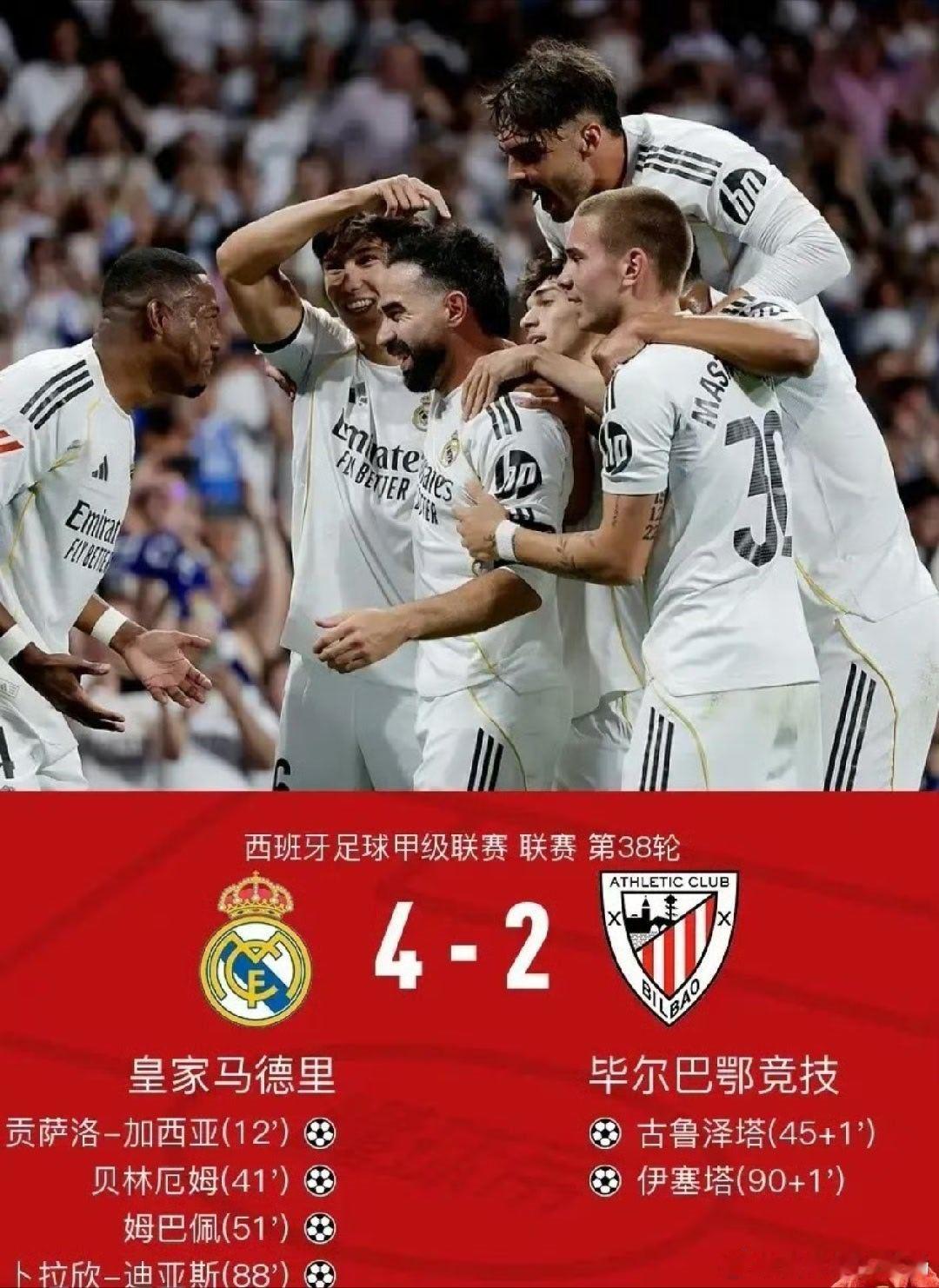 伯纳乌告别夜！皇马大胜收官送别功勋西甲收官之夜的伯纳乌球场，皇马用一场4-2的胜