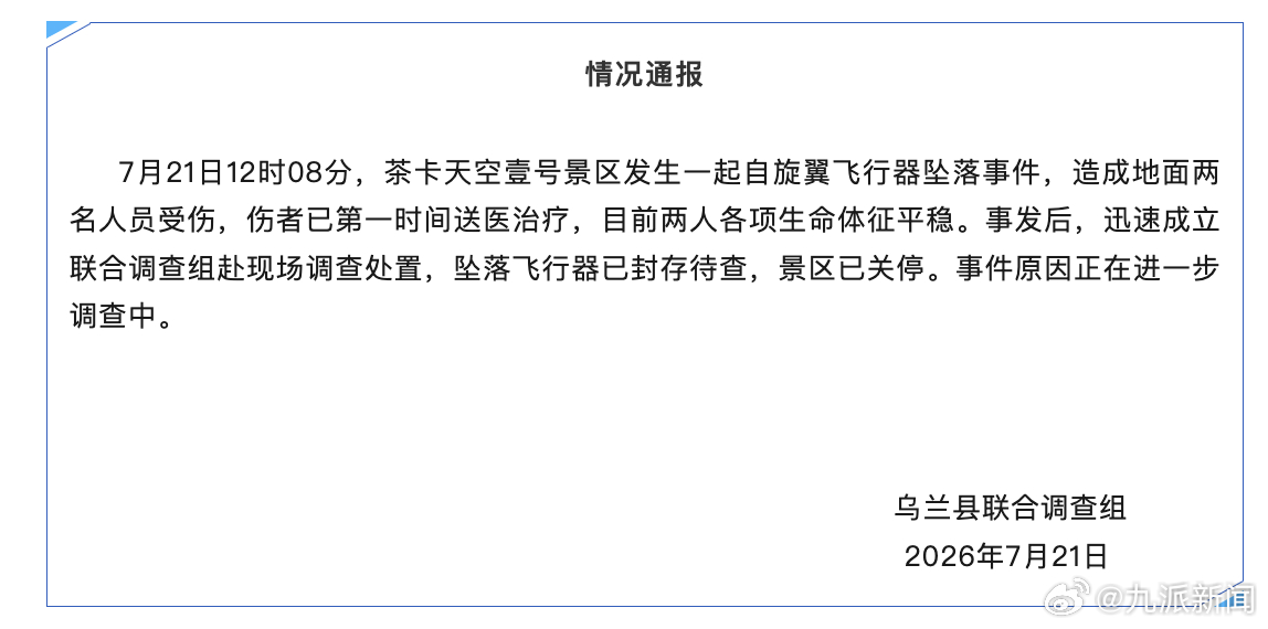 【#官方通报茶卡盐湖飞行器坠落致2伤#】7月21日，青海乌兰县联合调查组发布情况