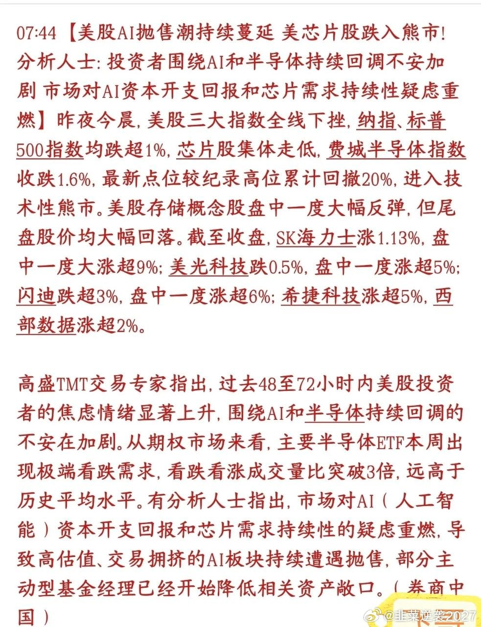 美股芯片也进入了熊市，全球AI逻辑发生根本改变，不是就A股跌美股费城半导体指数，