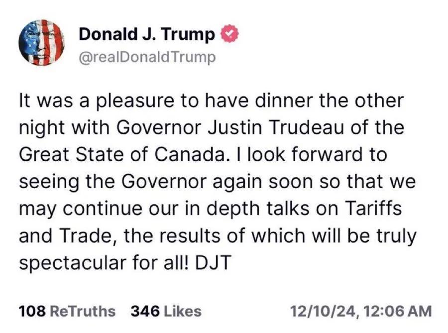 特朗普称特鲁多为“加拿大伟大州的州长”

特朗普在讨论关税和贸易谈判时发布了一篇