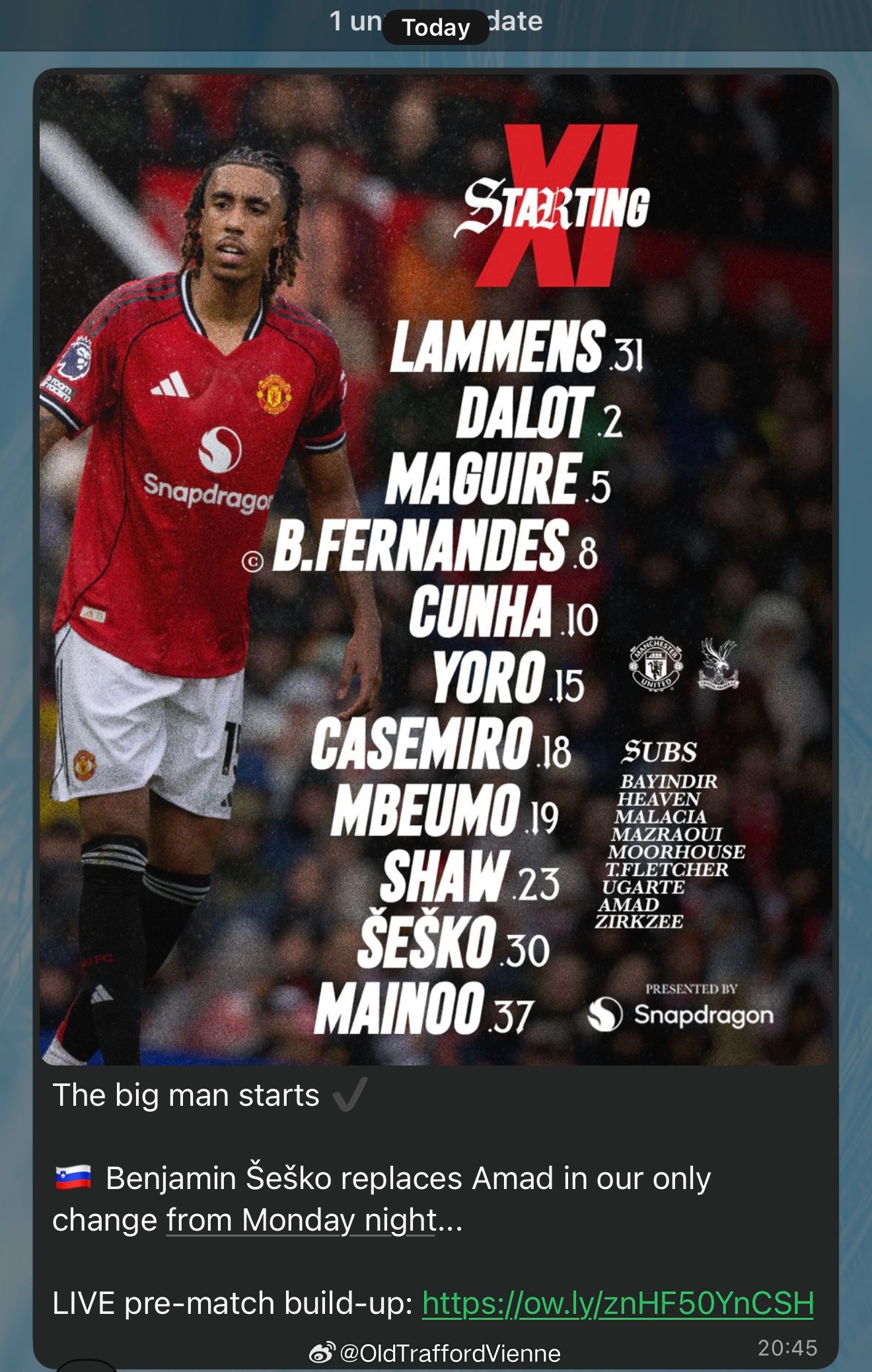 曼联vs水晶宫 首发出炉谢什科果然首发了，看看首发效果阿玛德替补加油！ 