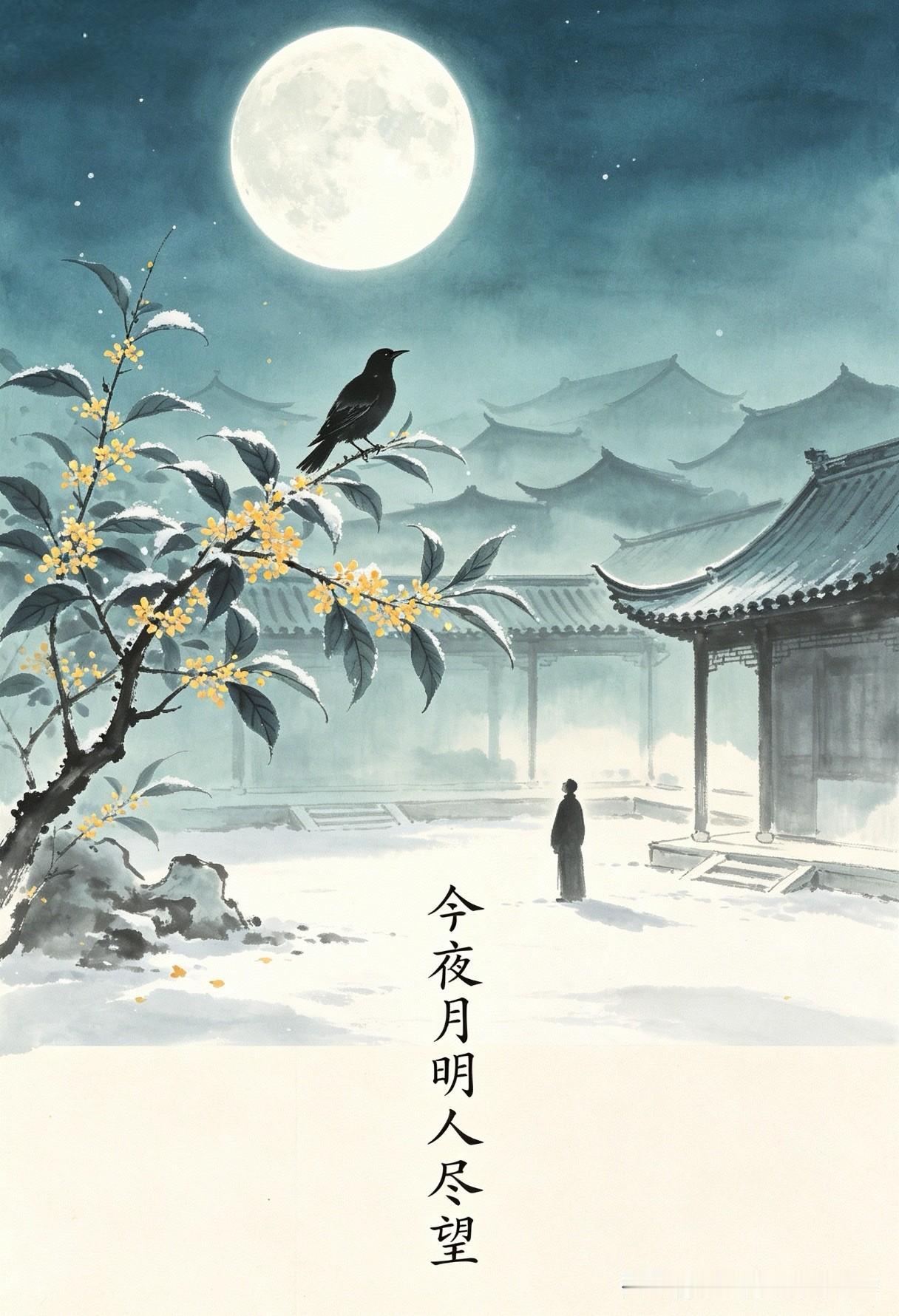 中庭地白树栖鸦，
冷露无声湿桂花。
今夜月明人尽望，
不知秋思落谁家。
这首诗的