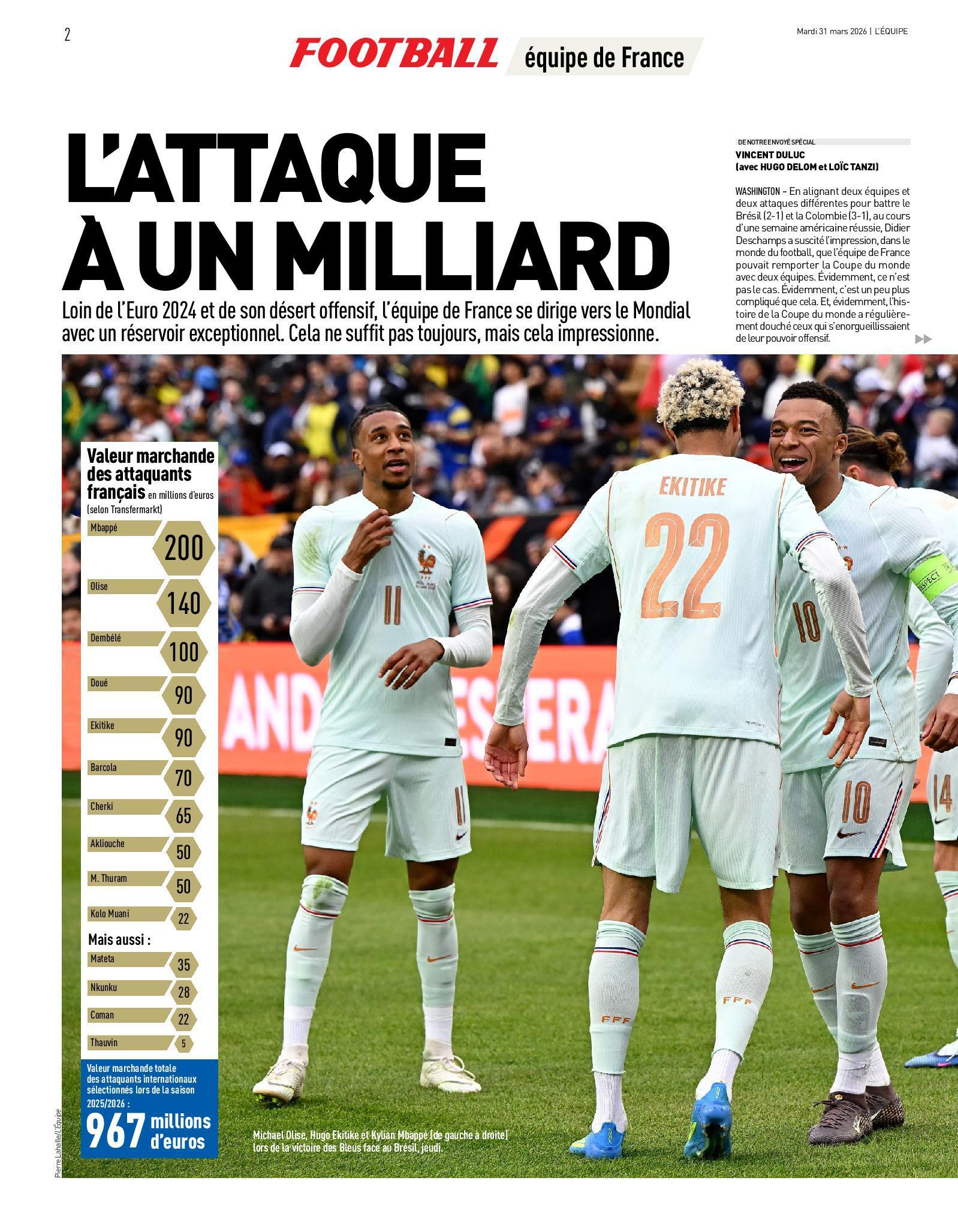 今日队报封面：《锋线进攻秀》SHOW DEVANT锋线身价近十亿：告别 2024