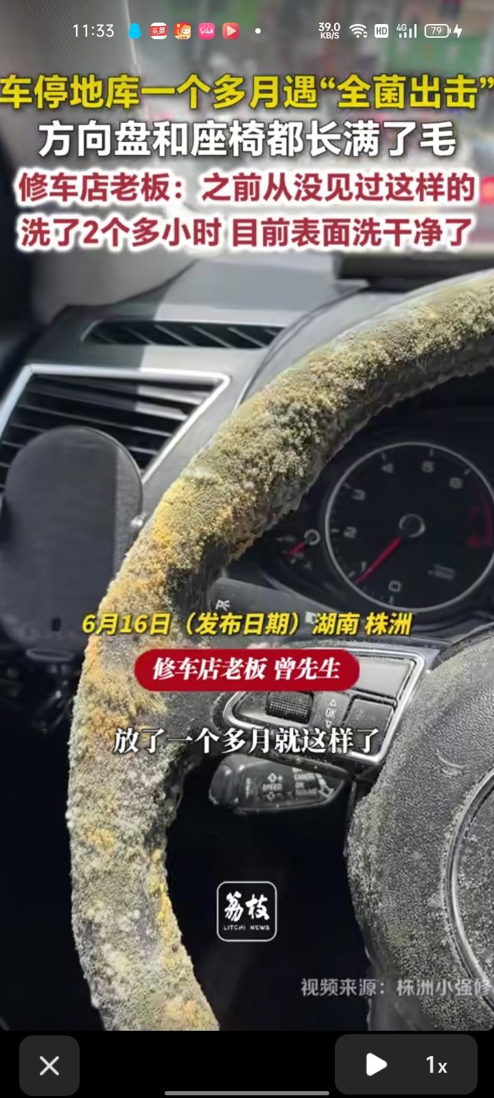 6月15日，湖南株洲。车停在地库他一个多月，方向盘和座椅遭遇“全菌出击”，全都长