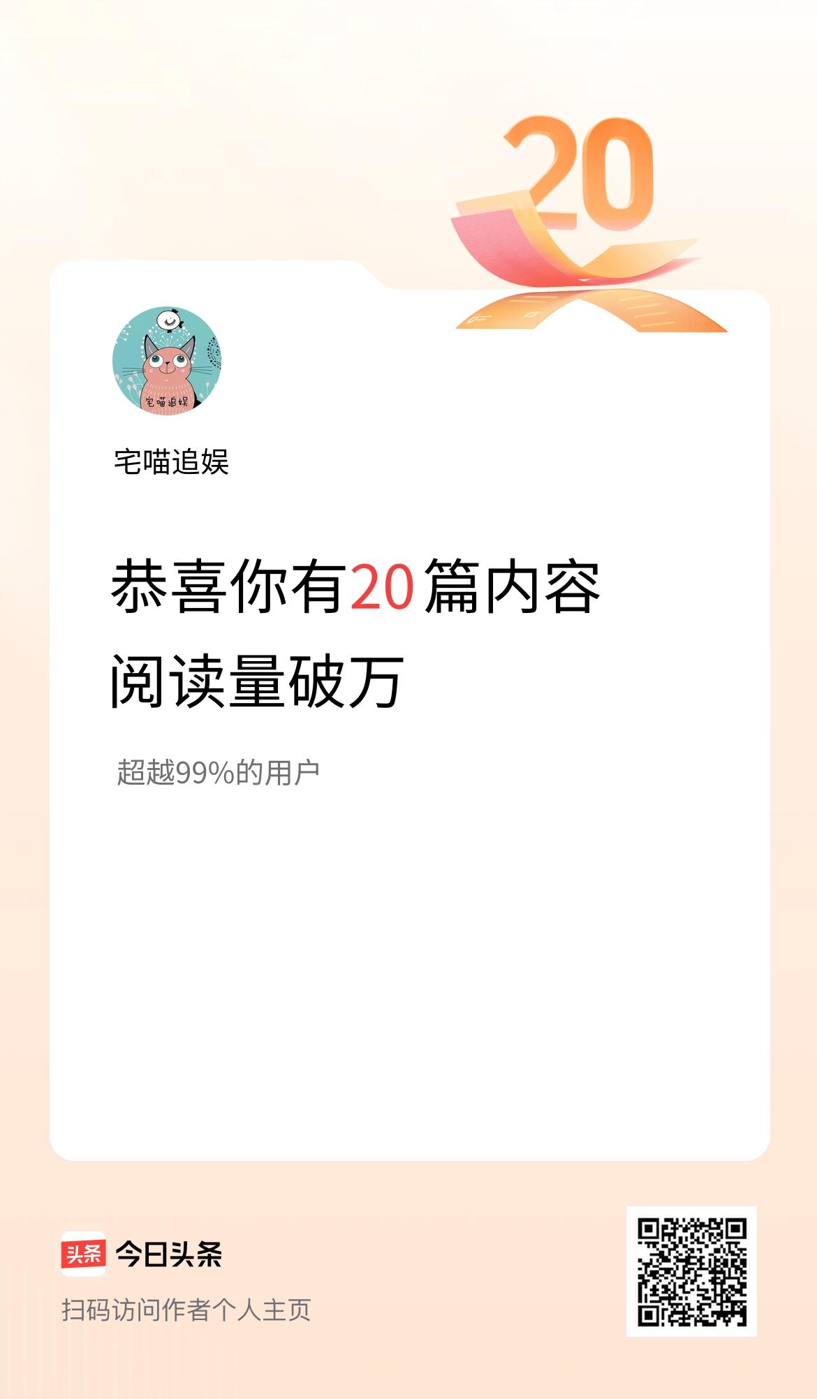 我在头条有20篇内容阅读破万了！