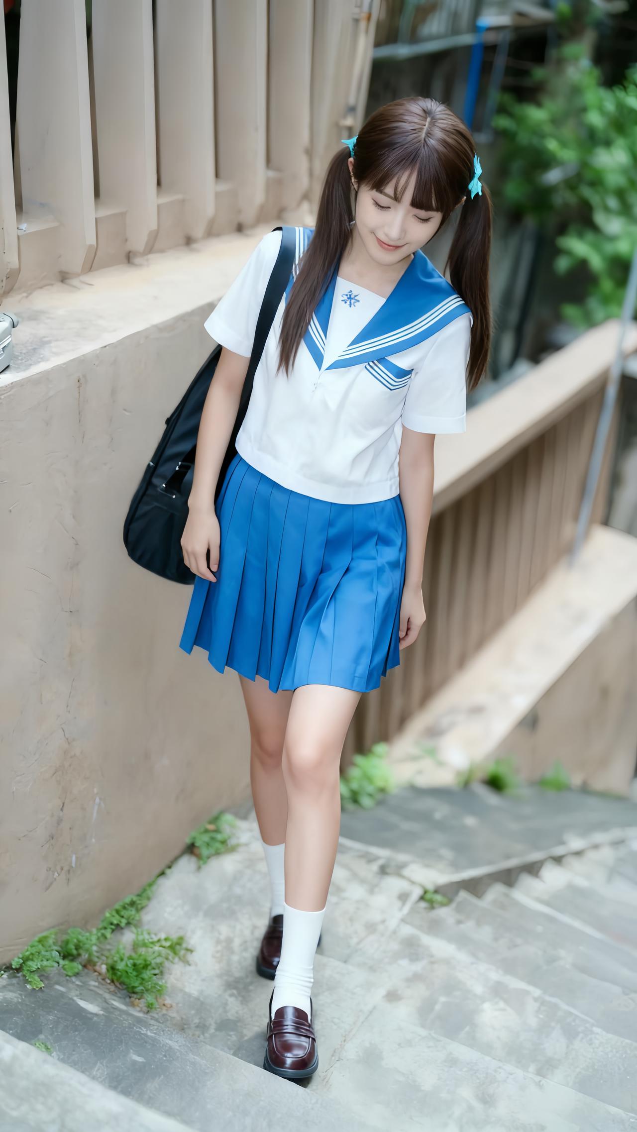 穿搭风格:经典日系水手服JK风
 
少女的穿搭是经典日系水手服JK风格，以蓝白为