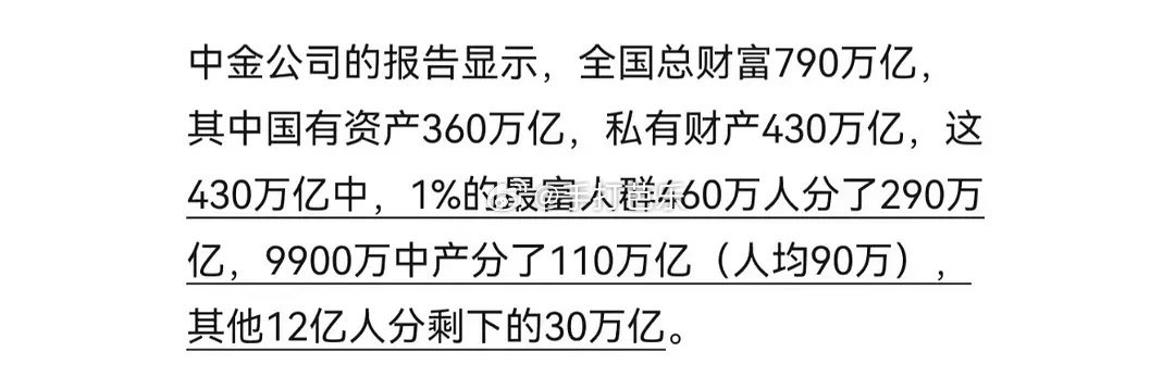 最新中金报告出了，已经不是二八定律了，是1%占据了2/3的财富 ​​​