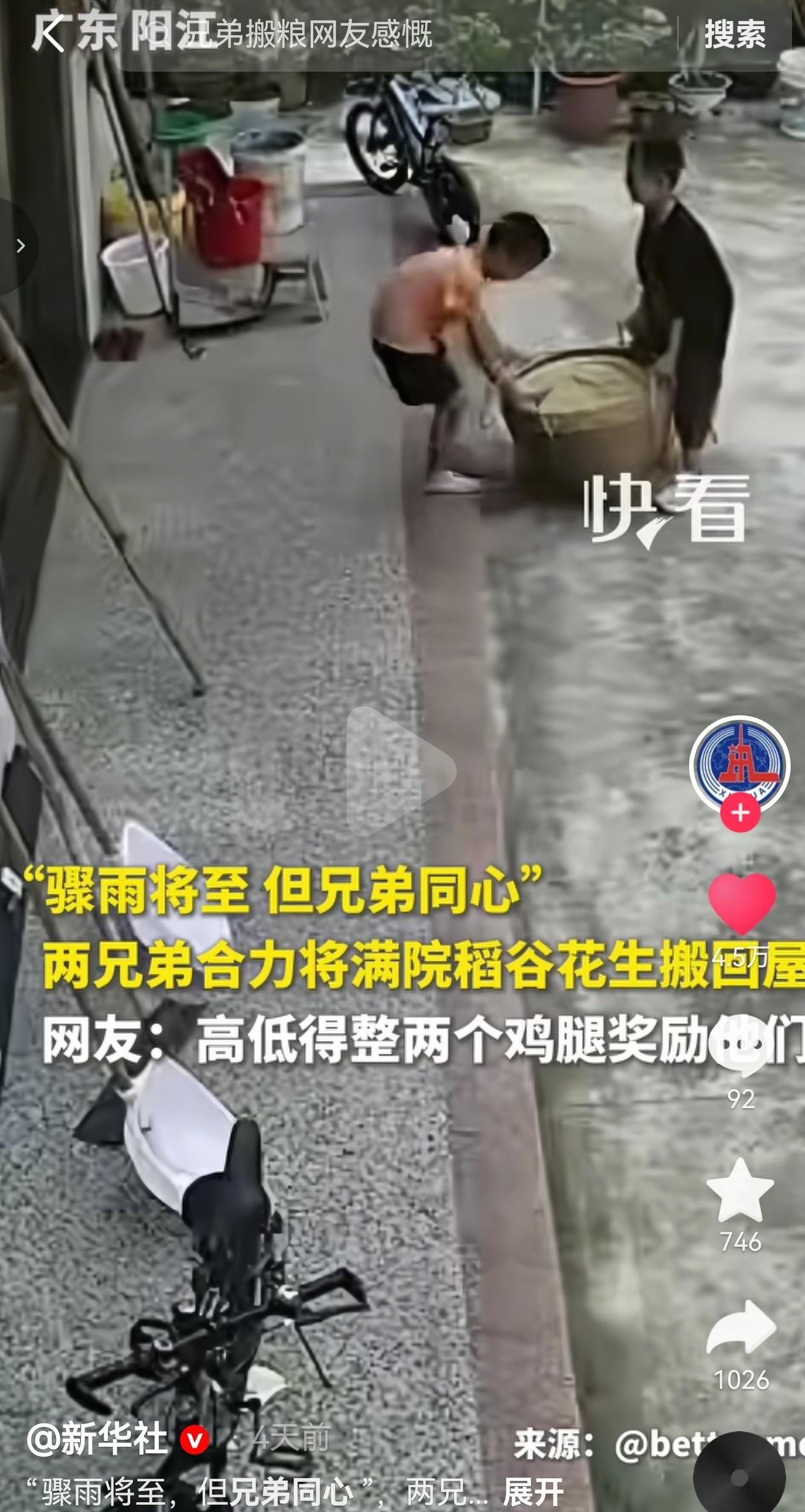 近日，广东阳江，天上乌云压得很低，大雨眼看着马上就要泼下来。院子里晒满稻谷和花生