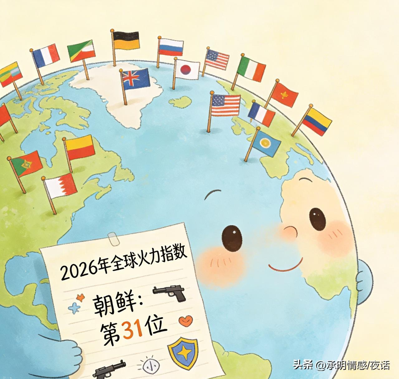 家人们，朝鲜的军力排名出炉啦！在2026年全球火力指数中，朝鲜排在第31位。
