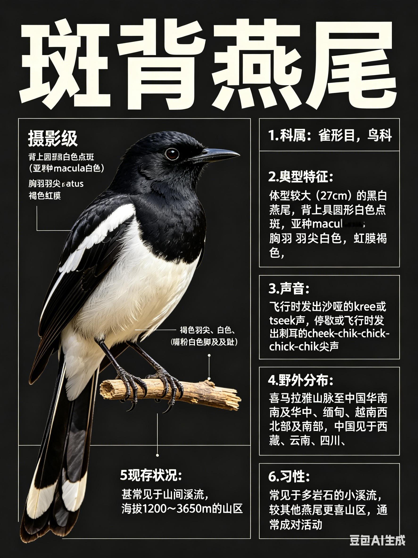 鸟类朋友图鉴 斑背燕尾·科属：雀形目，鸫科。·外形特征：体型较大（27cm）的黑