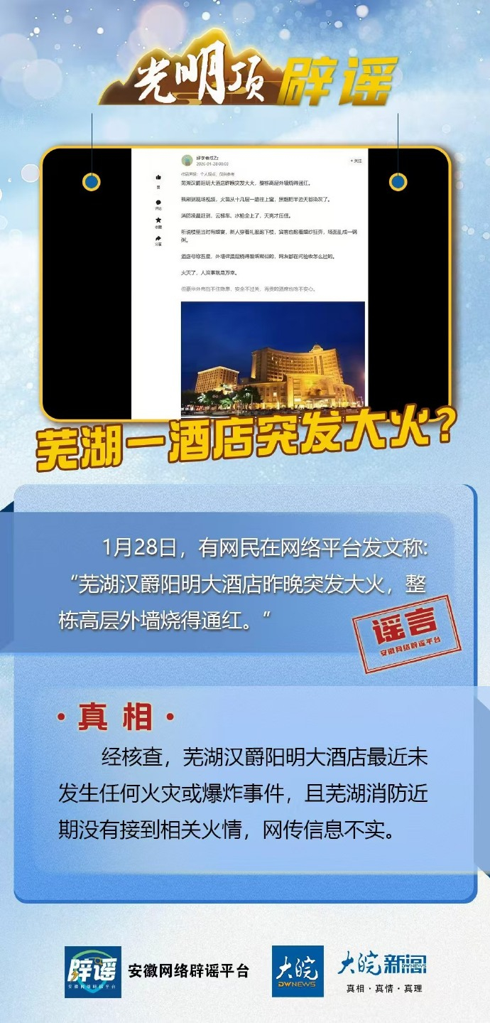 【#芜湖一酒店突发大火系谣言#】1月28日，有网民在网络平台发文称:“芜湖汉爵阳