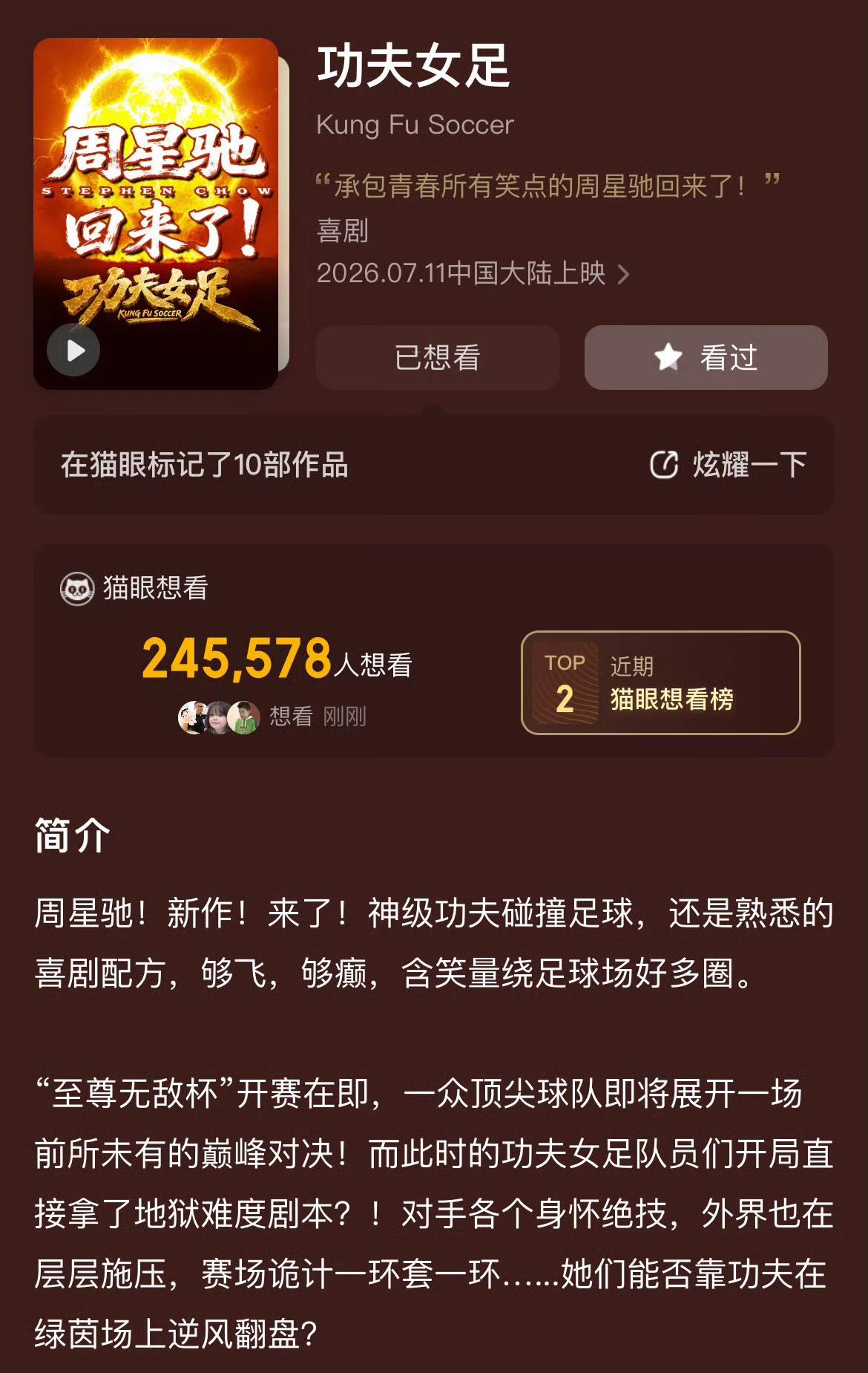 欢迎大家来看功夫女足啊，周星驰无厘头搞笑加上迪丽热巴喜剧天赋，一定很精彩。7.1