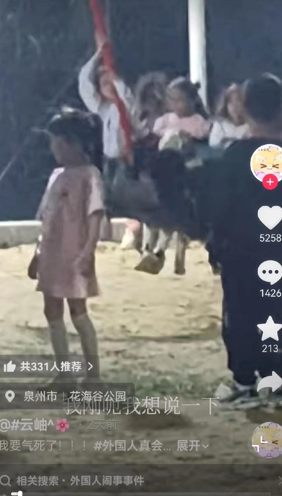 一个小女孩在公园玩被一群外国小孩挤出秋千后发的吐槽。你看，中国人还是得多生小孩，