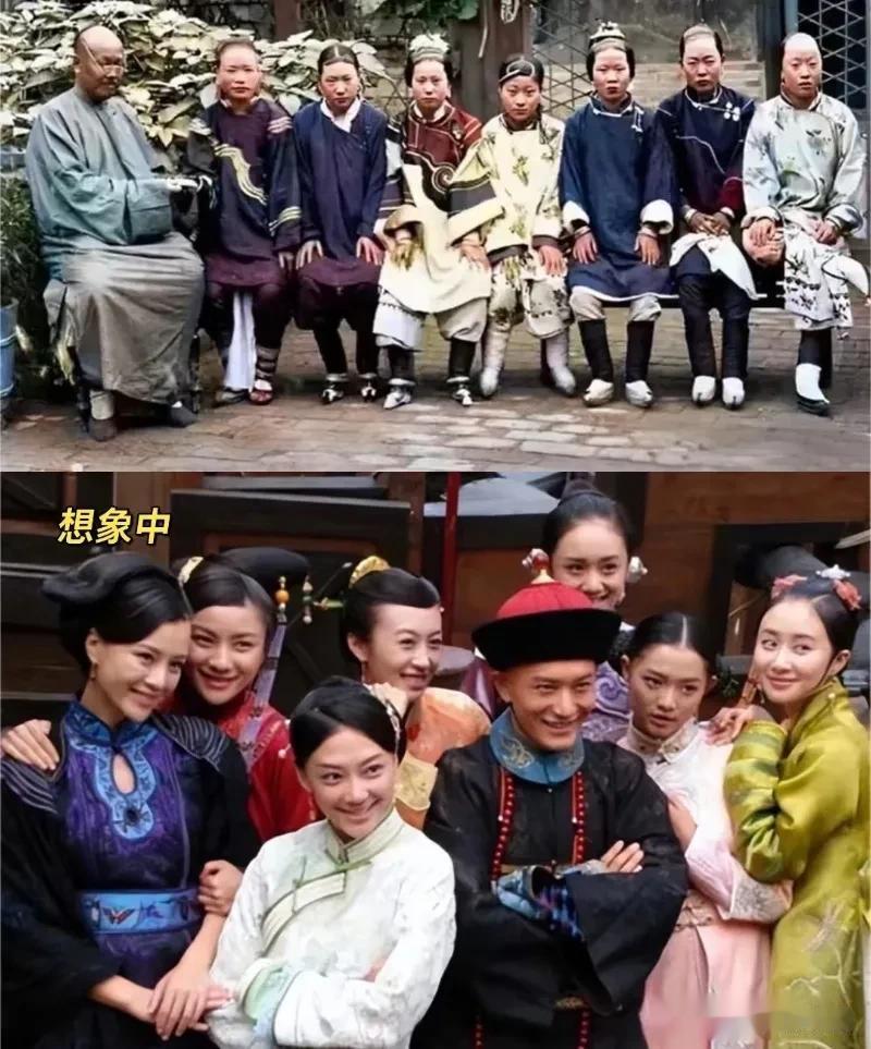 照片的时代背景是清朝，照片中的男子共娶了7位妻妾，而且每一位都很年轻，由此可见该