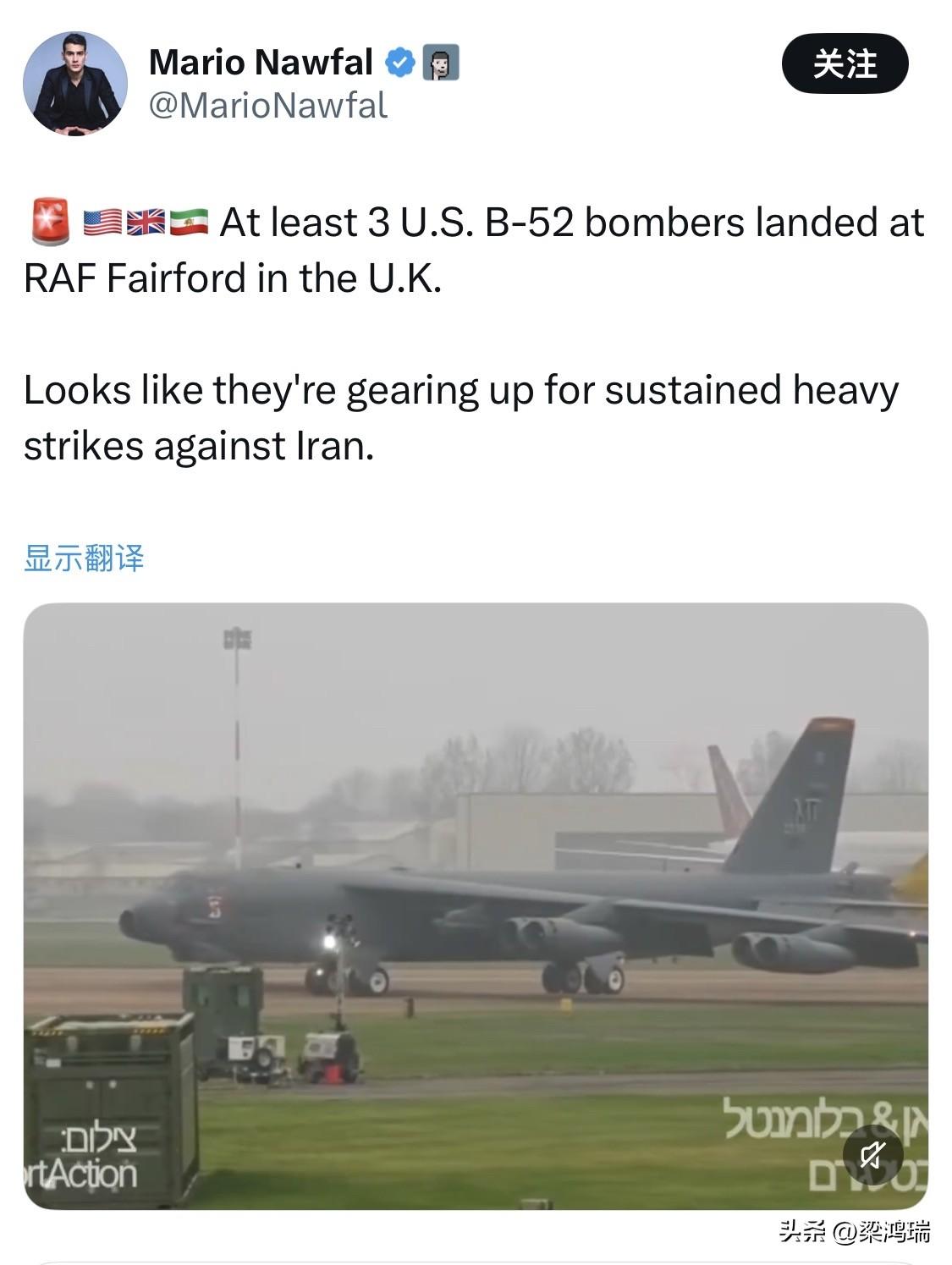 至少有3架美国B-52轰炸机降落在英国费尔福德皇家空军基地。

看来他们正准备对