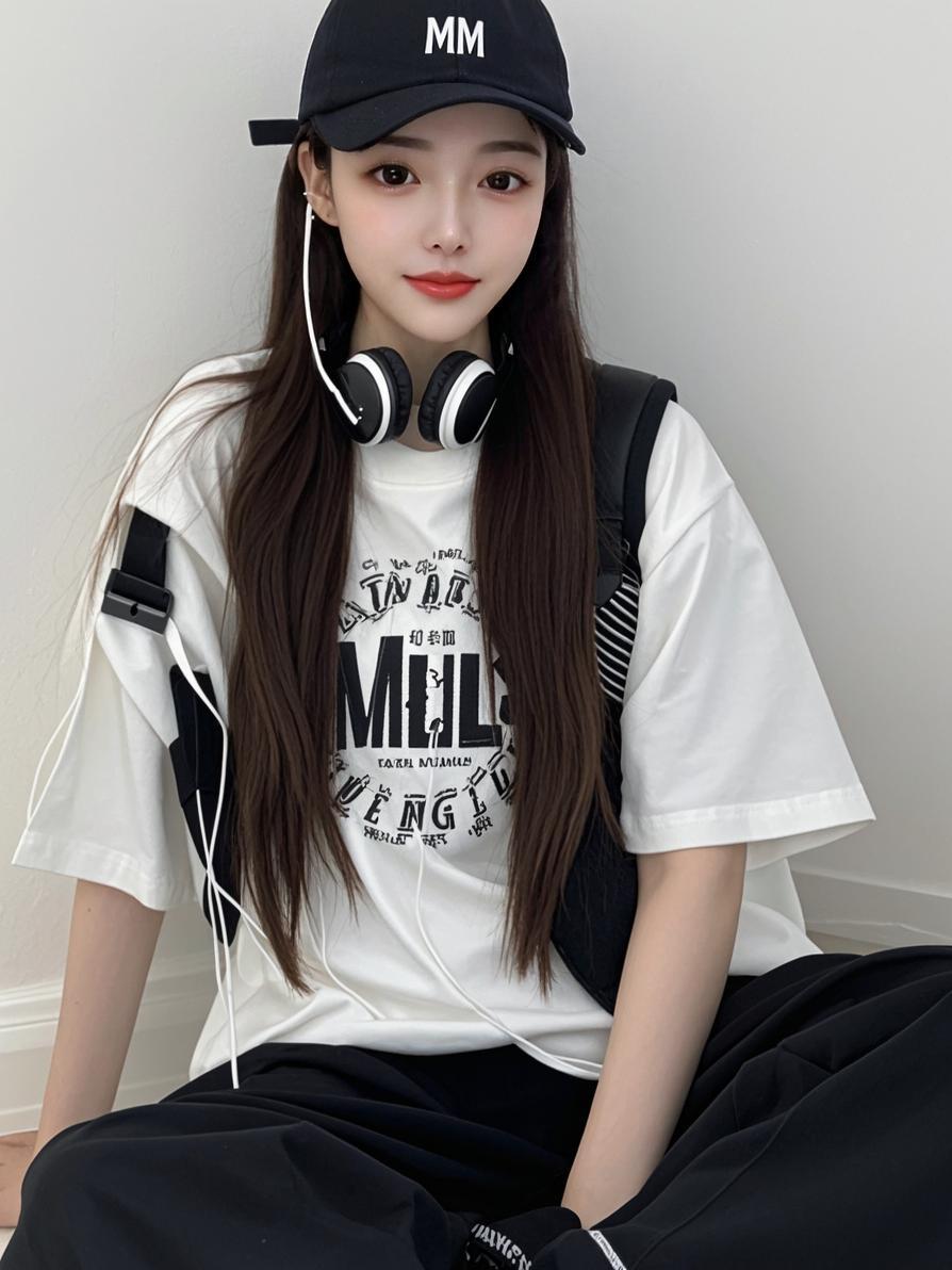 青春十八正悠然，帽下长发带笑看。白T黑装添自在，耳机轻挂乐声欢。