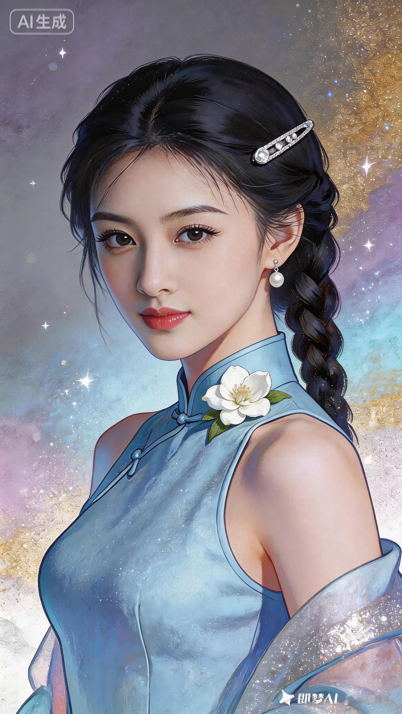 精致御姐黑侧麻花辫配水晶夹，浅蓝旗袍缀茉莉，清冷娇媚，光影史诗，梦幻治愈。