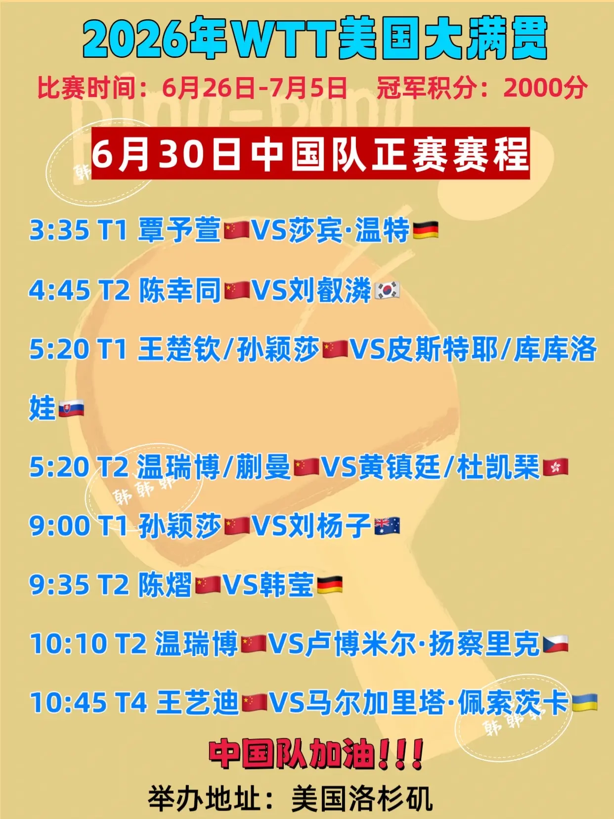美国大满贯。6月30日、7月1日中国队赛程