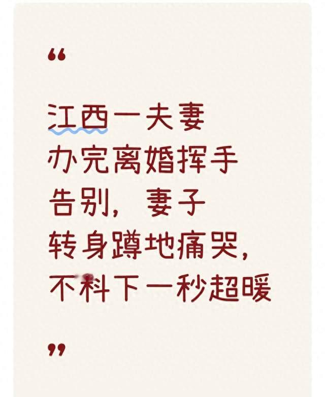 江西一夫妻办完离婚挥手告别，妻子转身蹲地痛哭，不料下一秒超暖