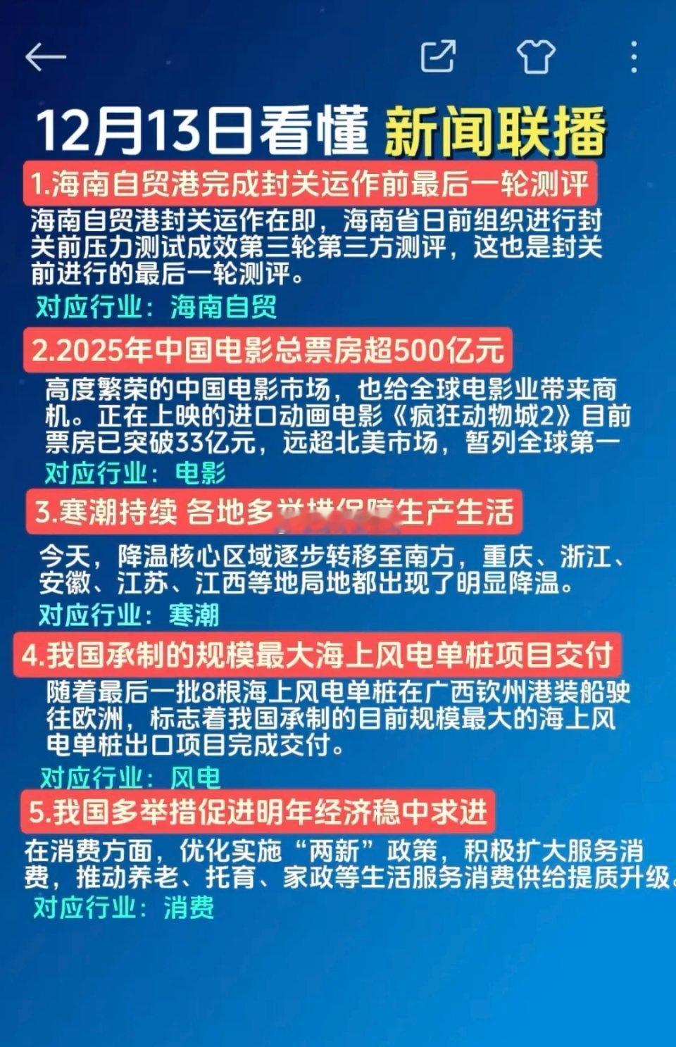 12月14日  新闻联播里的投资机会！1.海南自贸2.电影3.寒潮4.风电5.消