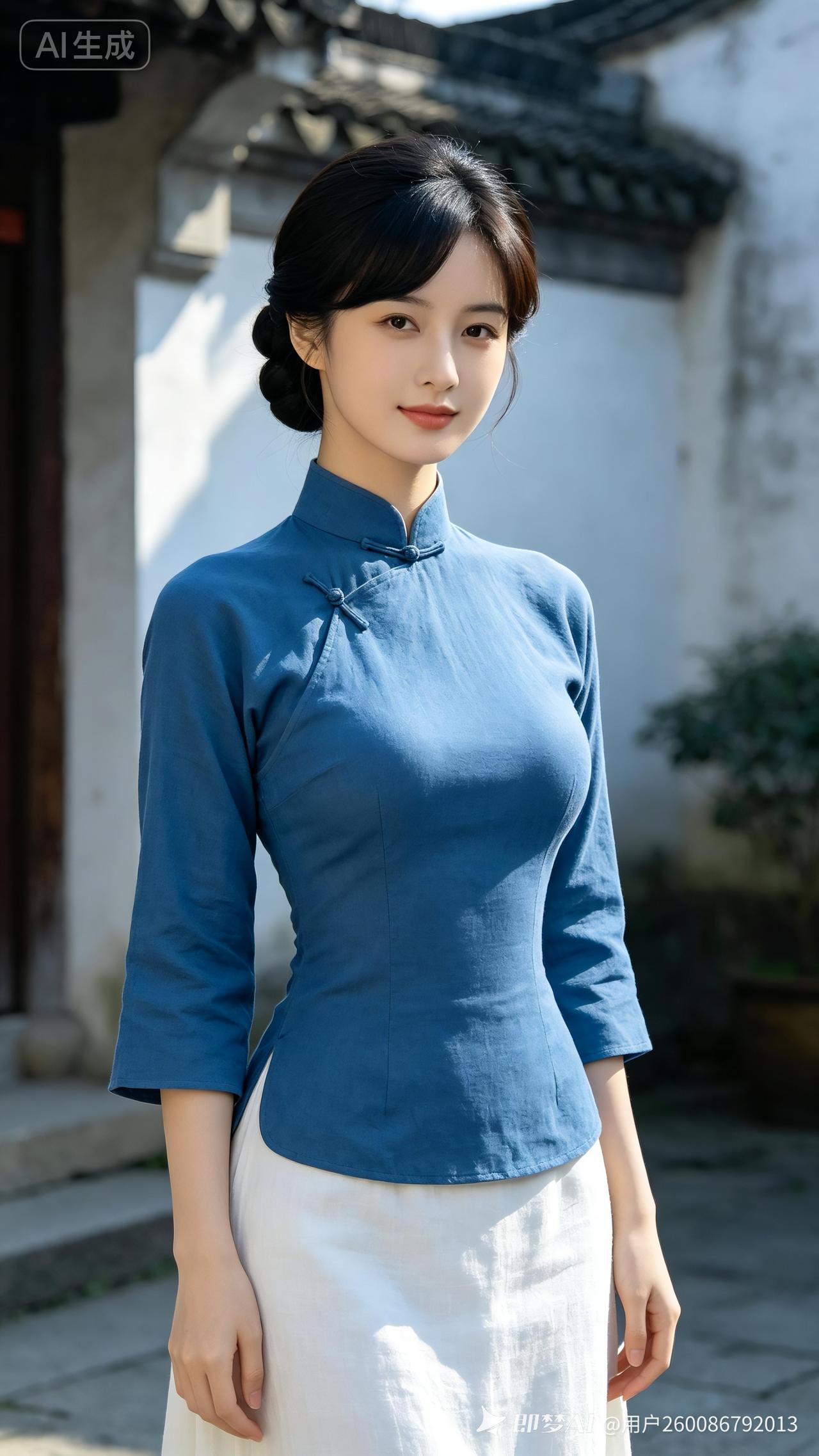 女子身姿窈窕，九头身比例匀称曼妙，细腰宽胯勾勒柔美葫芦身形。利落盘发搭配温婉斜刘