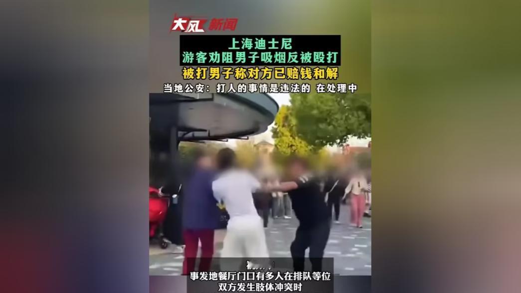 今年4月26日，在上海迪士尼小镇因劝阻吸烟，而遭掌掴脚踢的24岁男子，在拿到打人