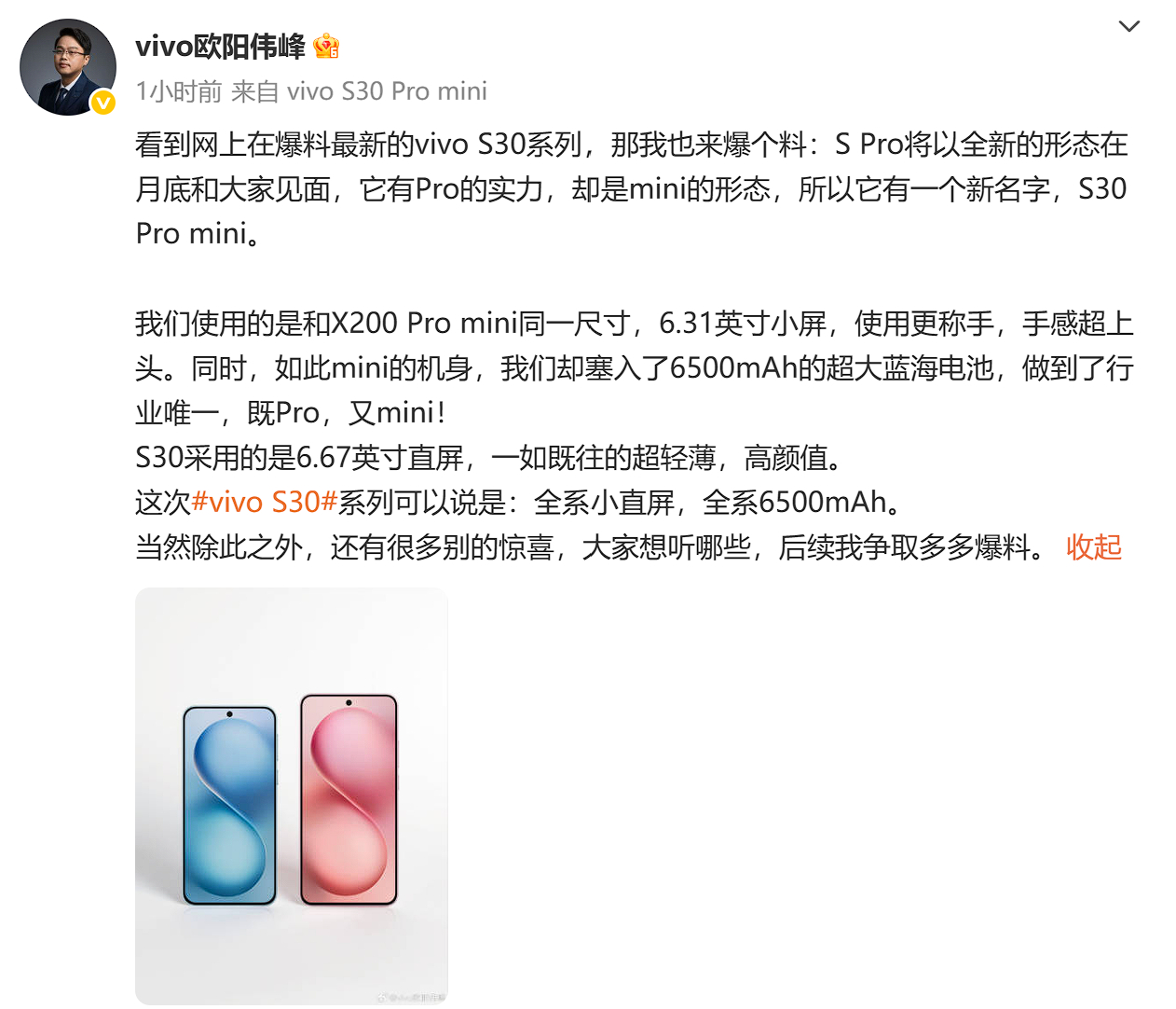 vivo S30系列这次也要出小屏，叫S30 Pro mini，6.31寸的小直