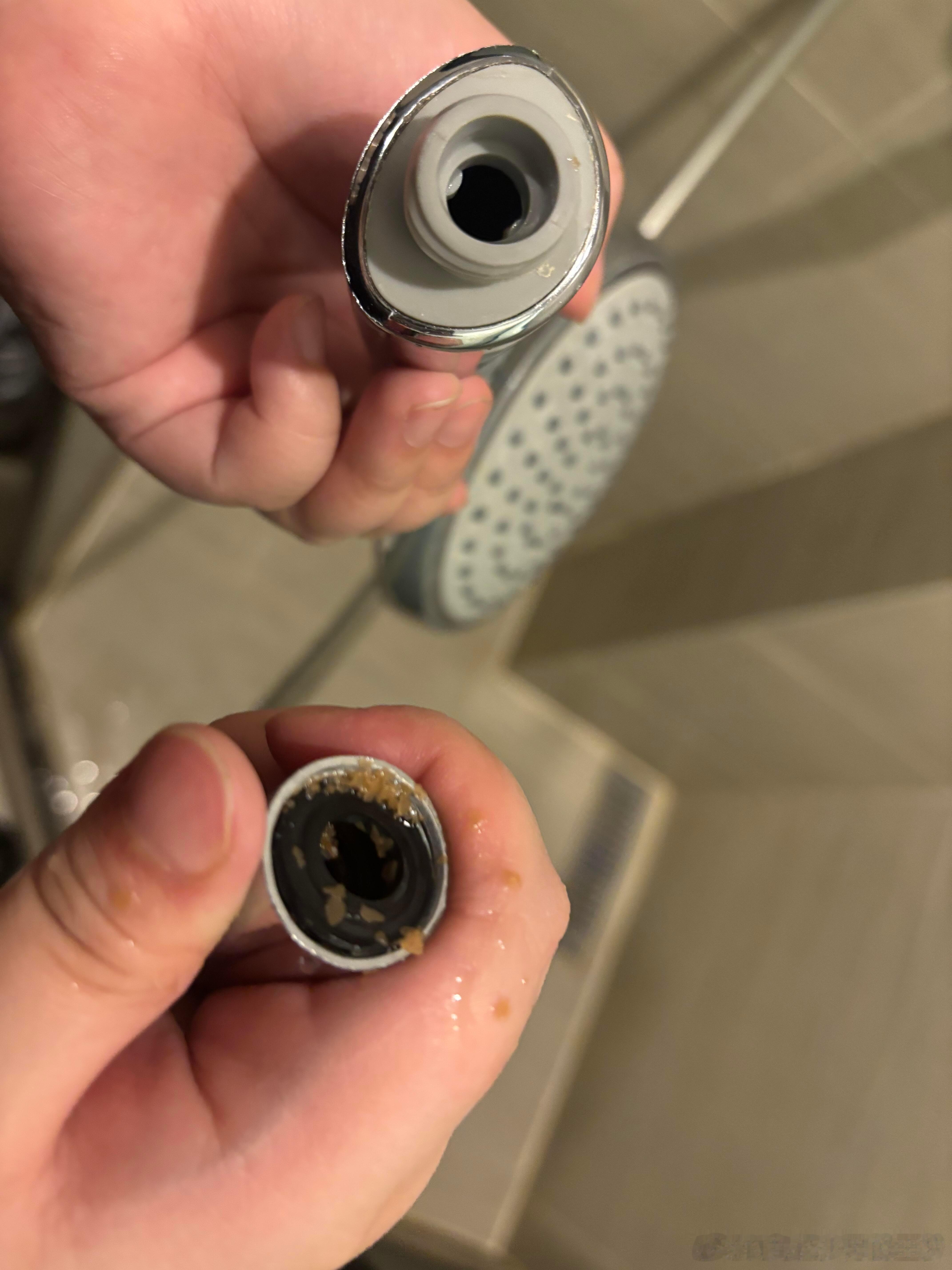 如果在花洒发现这个不确定是不是💩，很简单，我教你一招，你用手🤏碎了闻一下，如