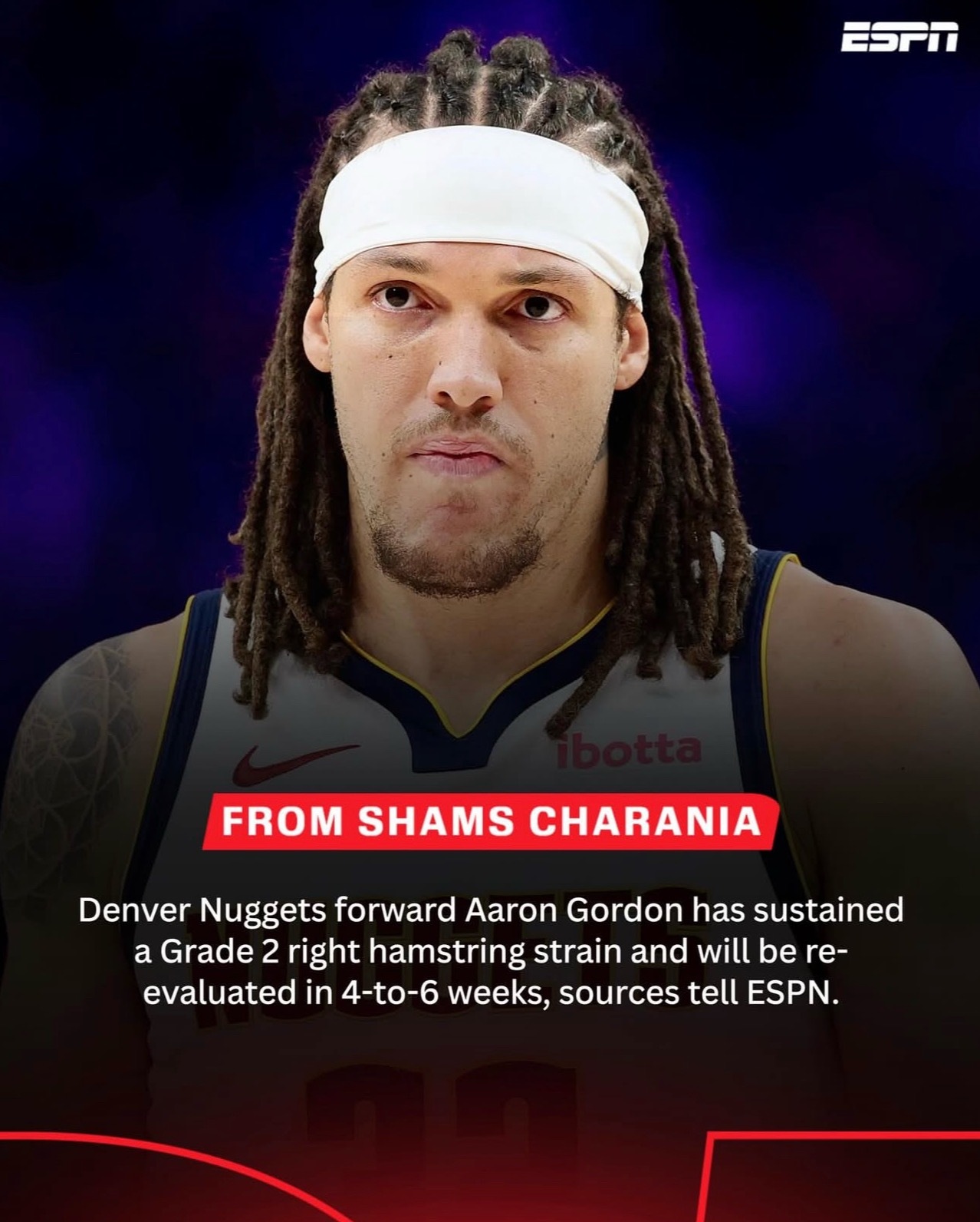 阿隆-戈登￼遭遇右腿筋（腘绳肌）二级拉伤，将至少缺席4-6周。 