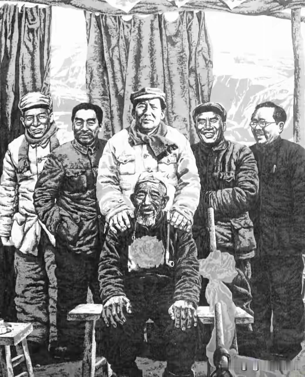 这是一幅经典革命题材版画作品。
后排自左至右：任弼时、周恩来、毛泽东、朱德、林伯