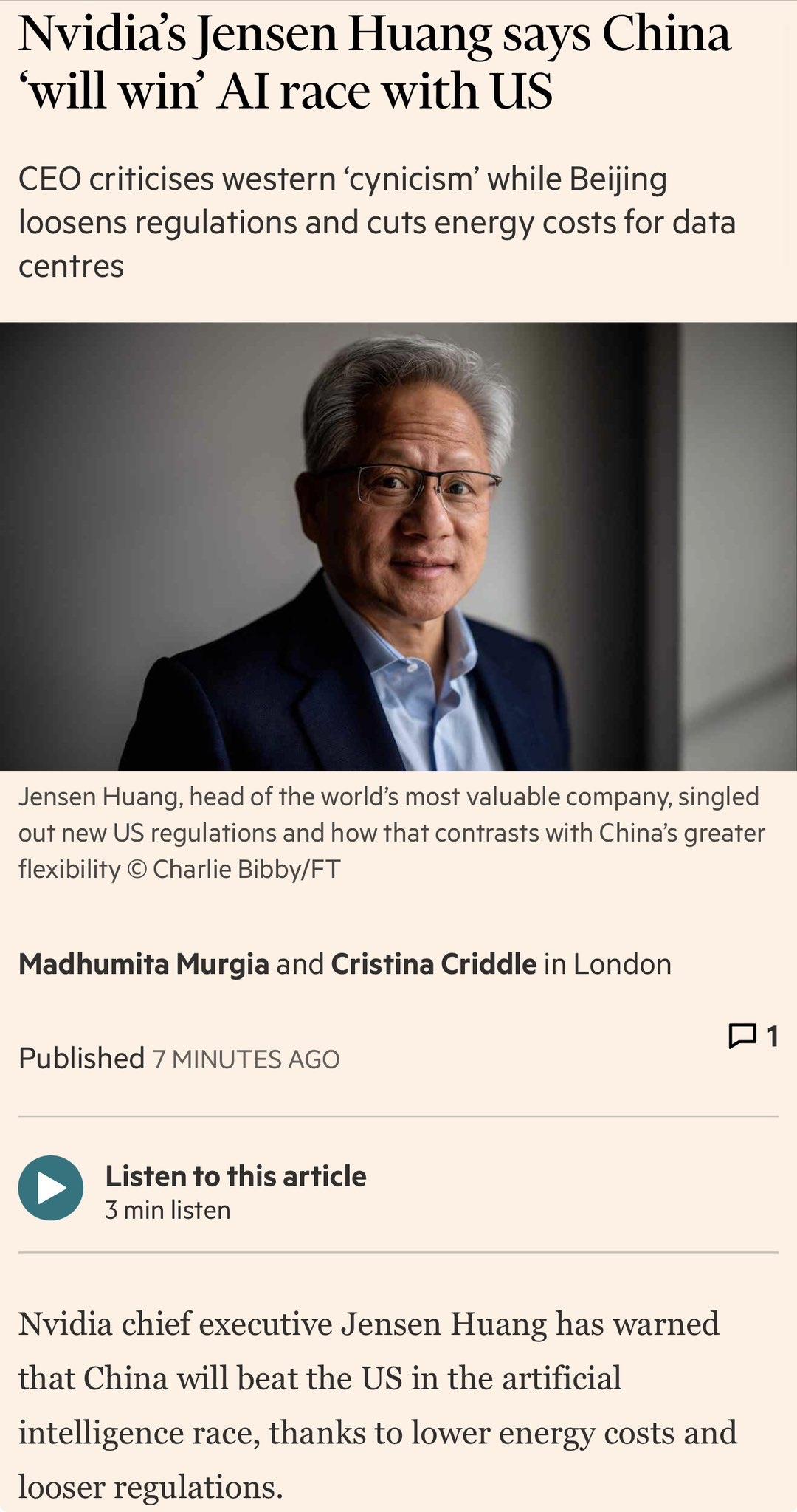 据《金融时报》报道，英伟达NVIDIA首席执行官黄仁勋Jensen Huang表