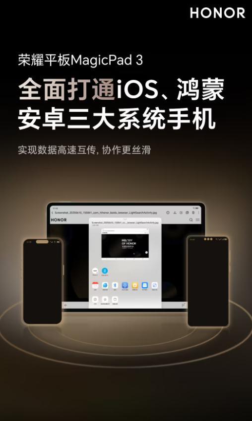 荣耀 MagicPad 3 平板首次实现 iOS、鸿蒙、安卓三系统手机互联分享，