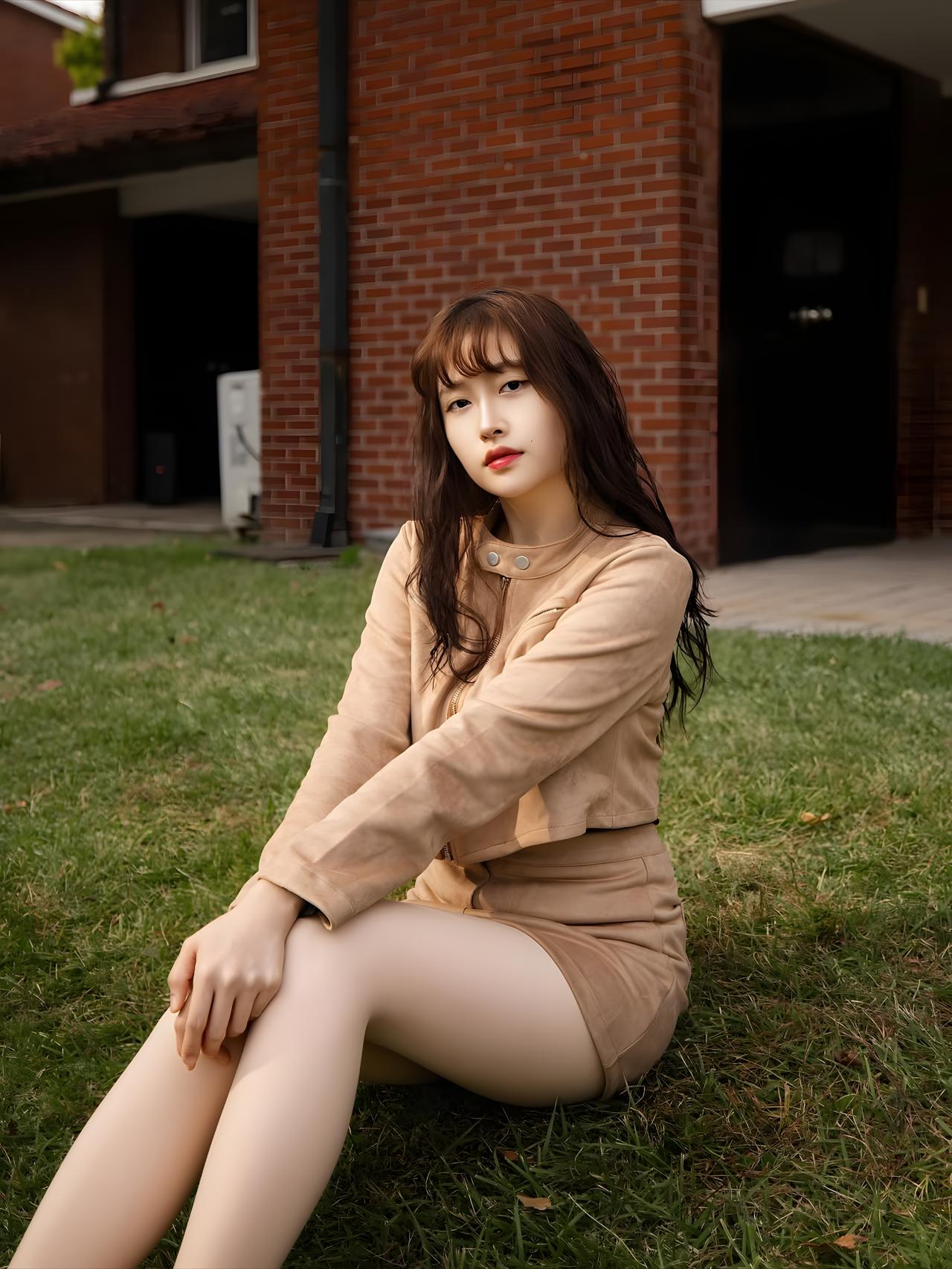 在户外那一片宁静的天地里，她静静地坐在红色的椅子上。米色的长袖连衣裙，简洁大方，