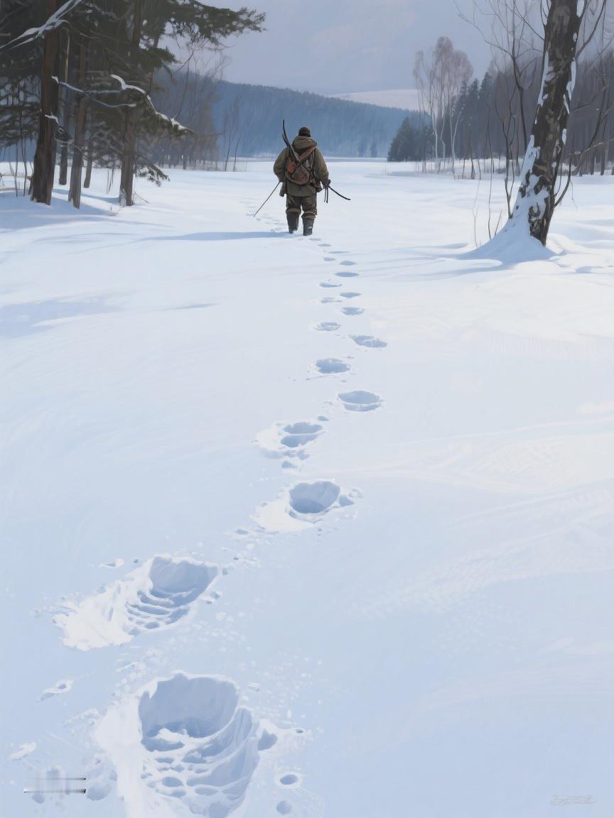 AI妙生图雪野中，一串脚印延伸向远方，每一步都刻下探索的痕迹，让心随脚步去远方?