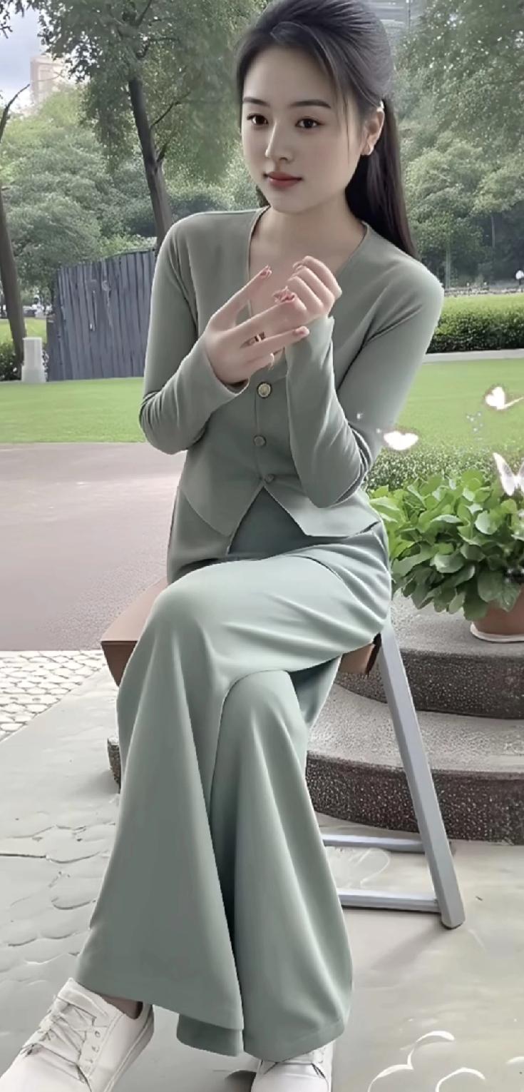 ，浅色套装搭配，简约自然，尽显优雅气质。淡绿色穿搭 淡蓝灰色穿搭