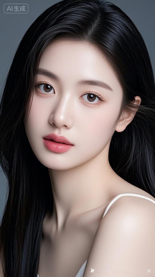 真实摄影，她长发披肩柔顺芬芳，樱桃小嘴粉嫩娇艳，星眸含柔甜美动人，清新可人似画中