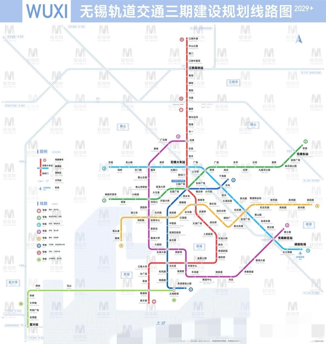 无锡地铁2028+线路图！！！
已建成（5条地铁线路，设站91座，总里程143.