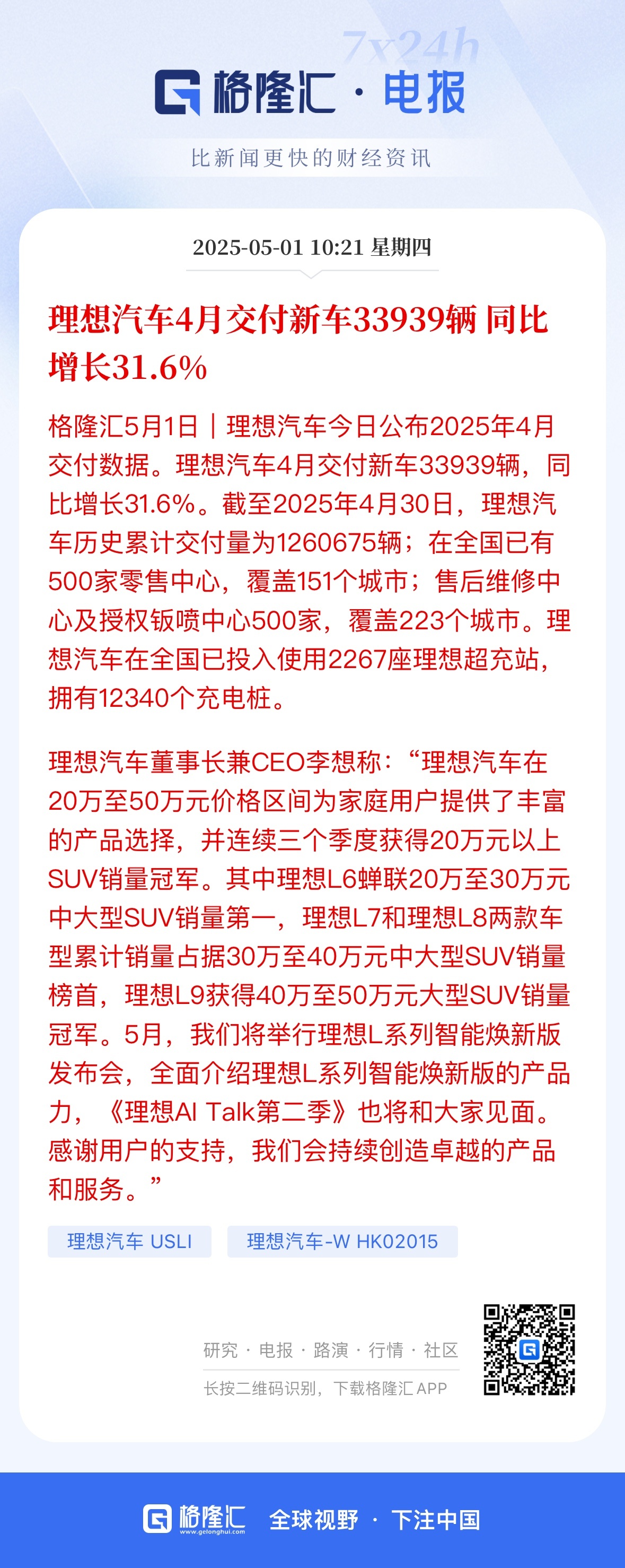 【理想汽车4月交付33,939辆，累计突破126万辆！🚗】🔥2025年4月交