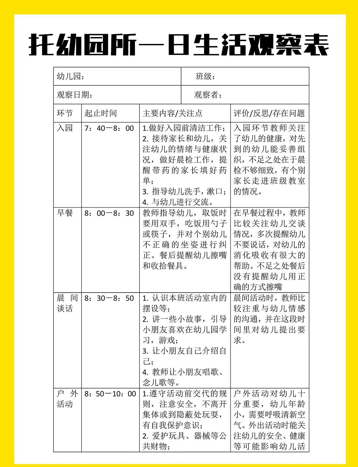 托育园所一日生活观察表。可分享托育 幼儿园日常管理 幼儿行为习惯培养 幼儿入园准