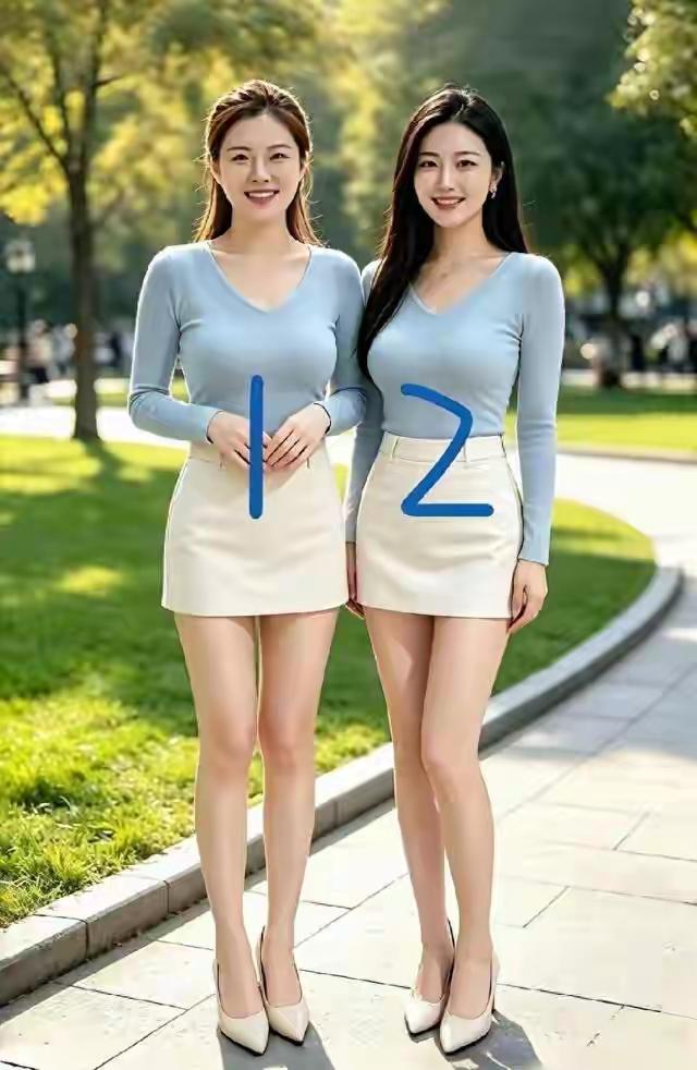 同款衣裳，各有风华，你更钟爱几号？
 
同一件浅蓝针织衫，搭配米白色短裙，穿在两